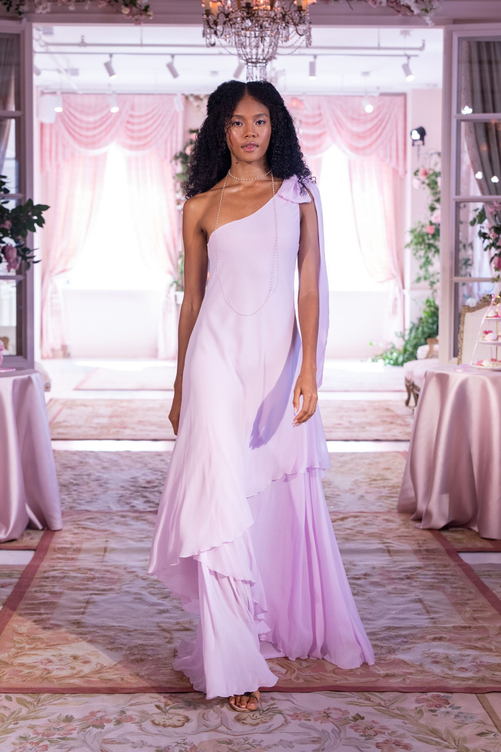 lavender chiffon sleeveless high-neck fitted draped tiered gown