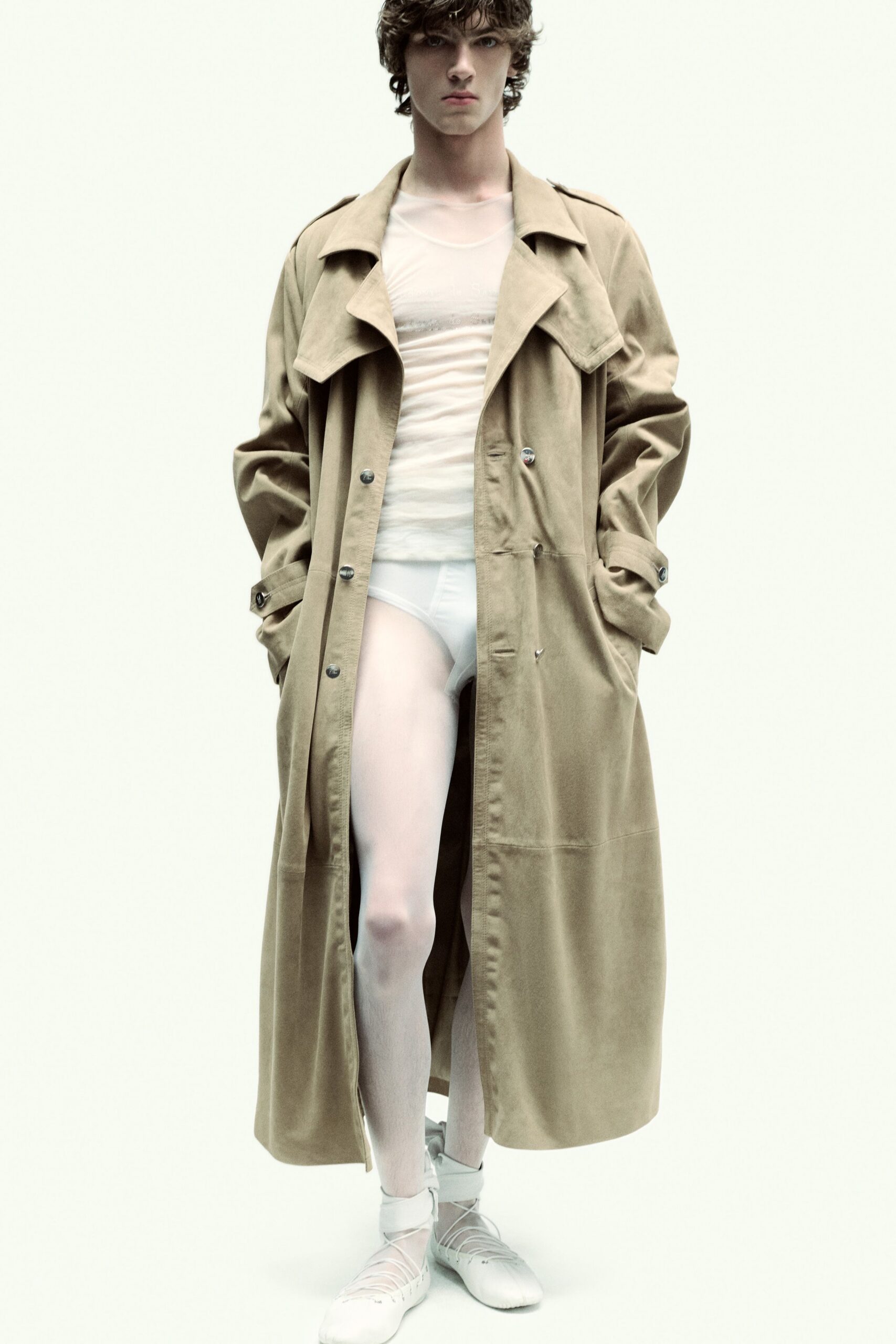 beige suede long-sleeve collared relaxed buttoned maxi trench