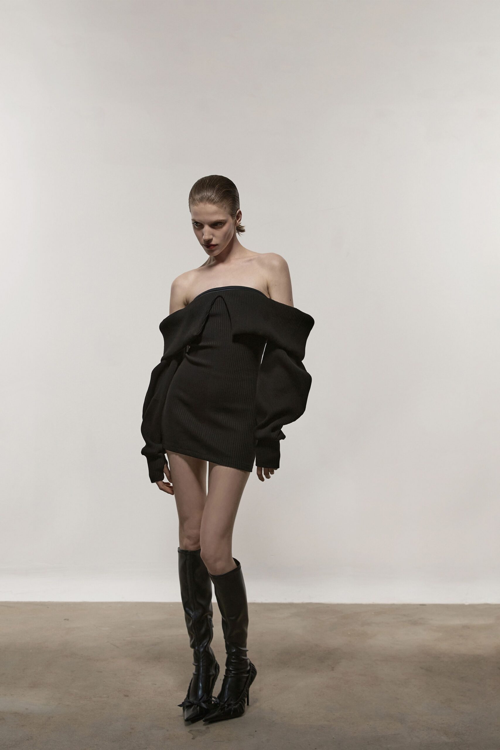 black cotton sleeveless off-shoulder fitted pleated mini dress