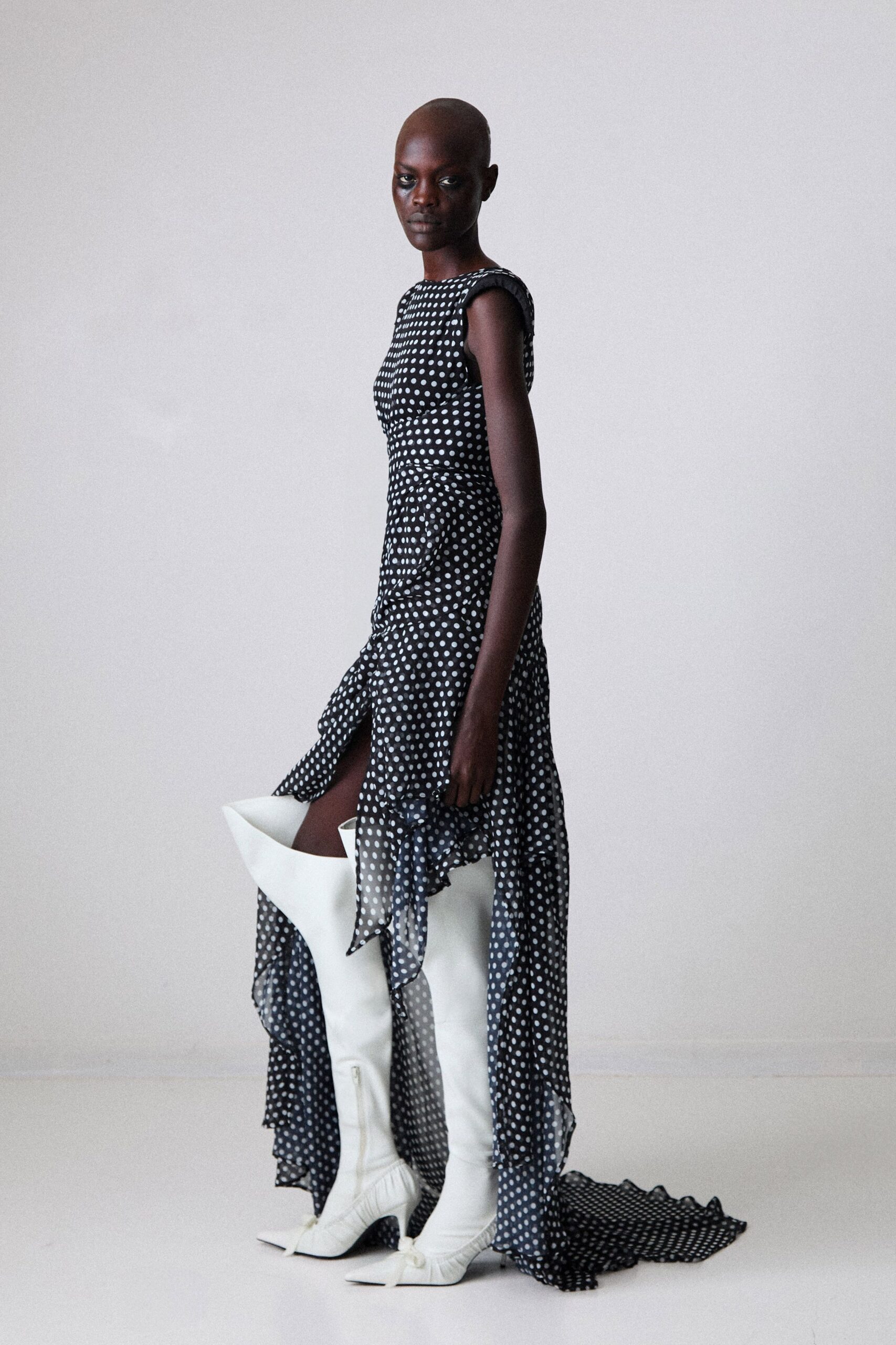 black chiffon short-sleeve v-neck fitted polka-dot tiered dress