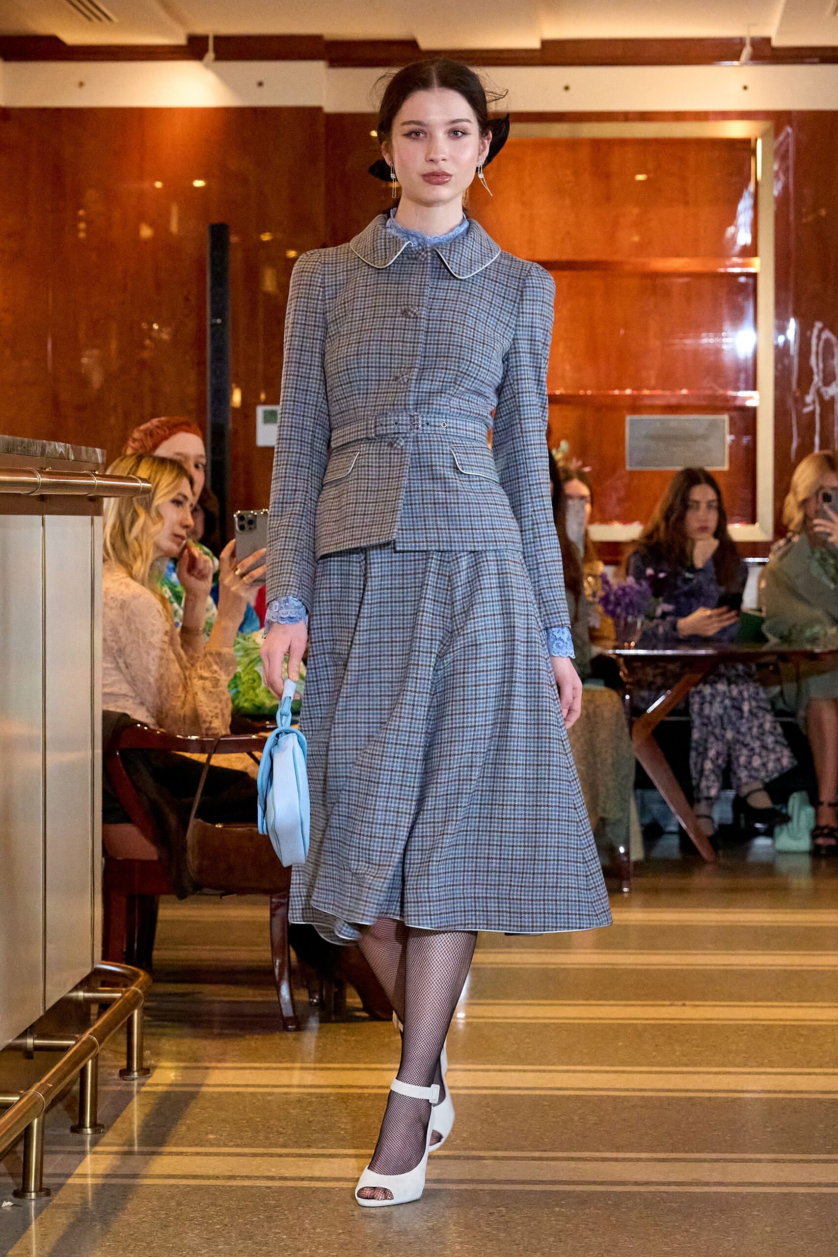 gray cotton long-sleeve fitted checked pleated midi skirt