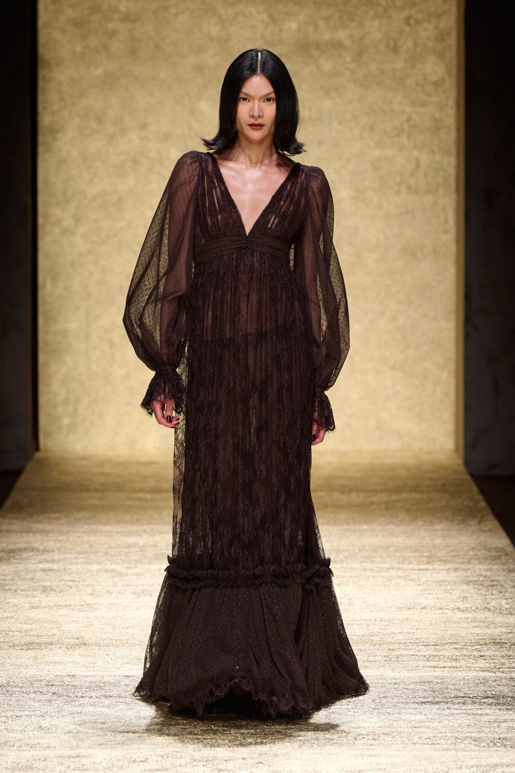 brown lace long-sleeve gown