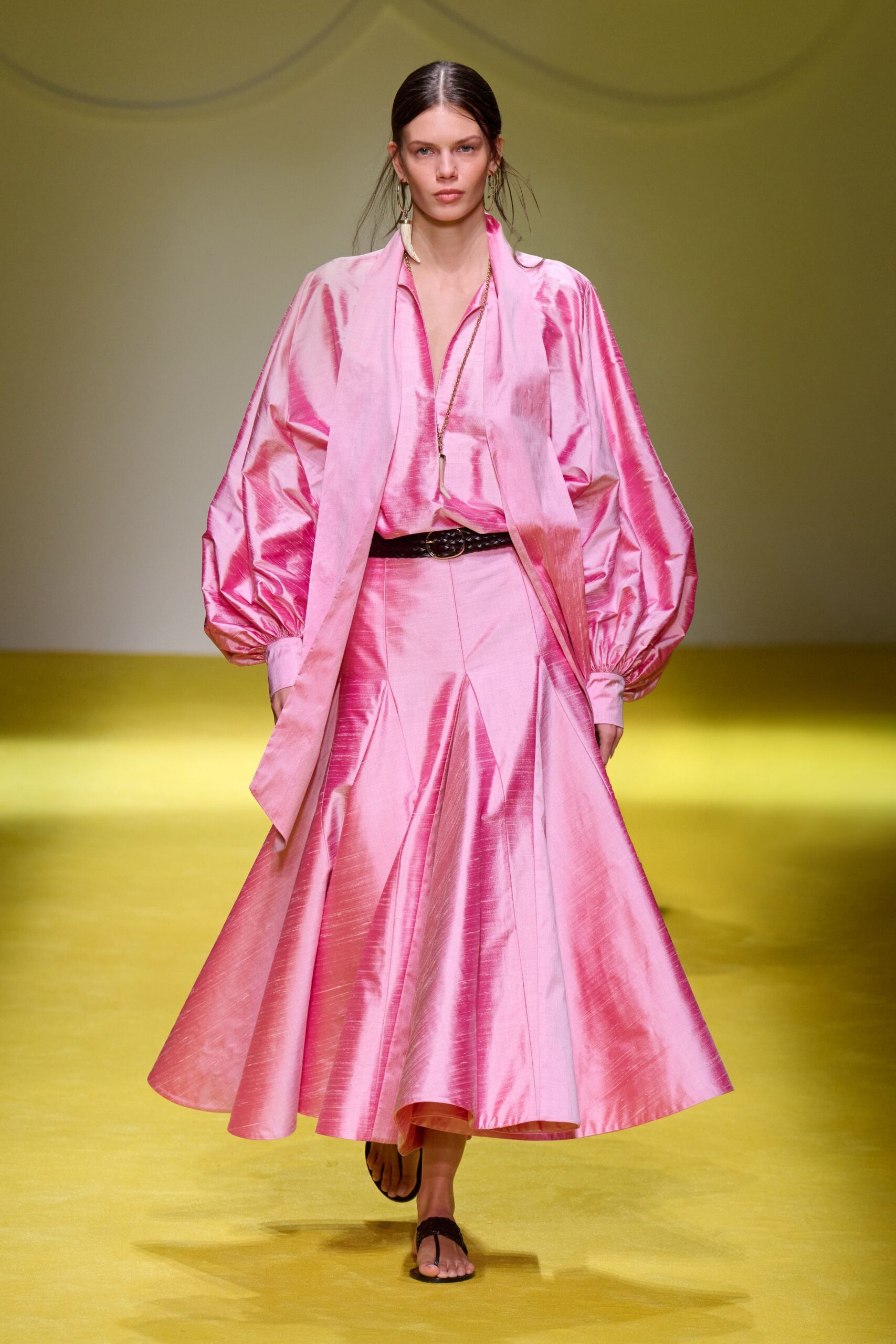 pink silk top and skirt