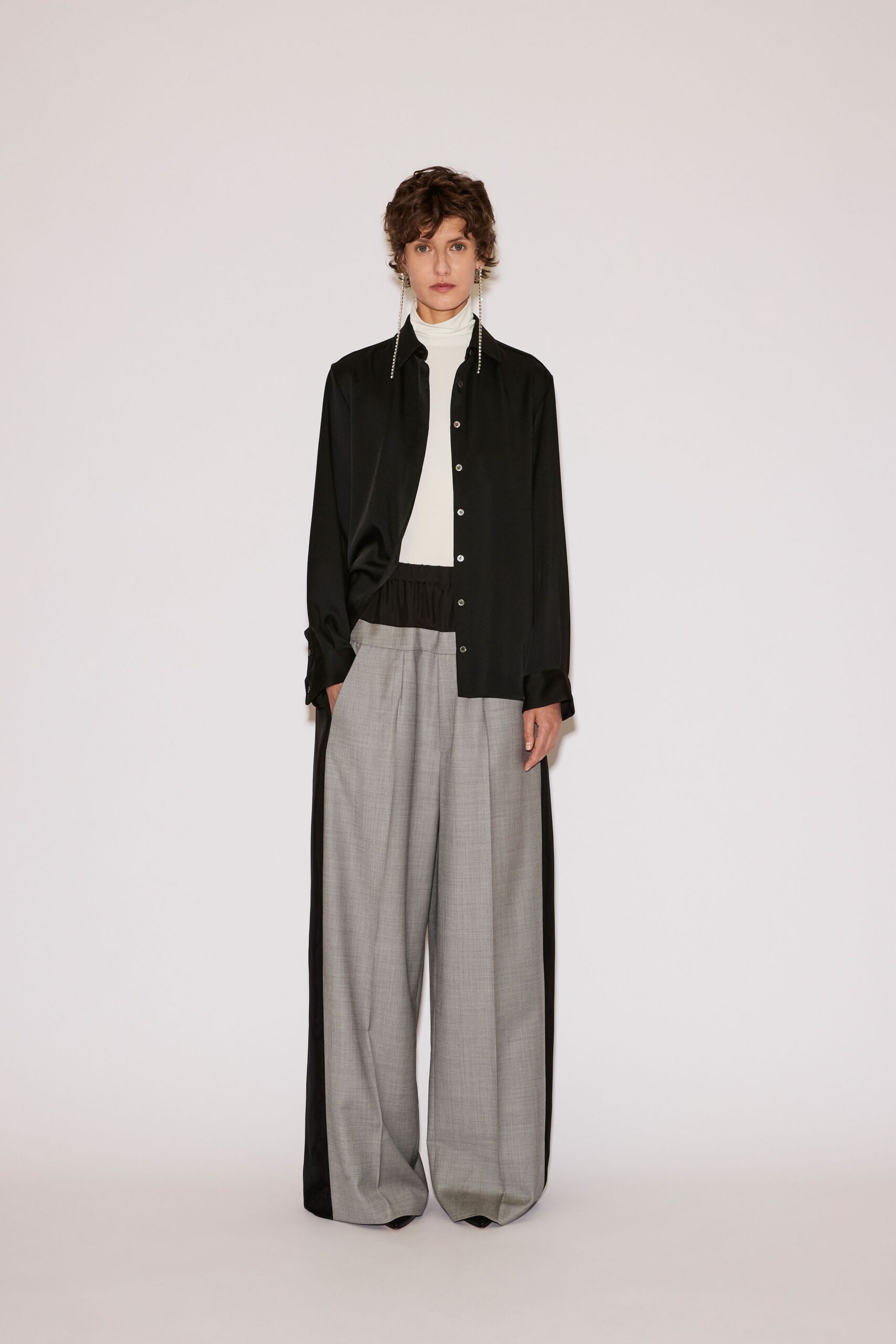 black silk long-sleeve collared relaxed buttoned shirt