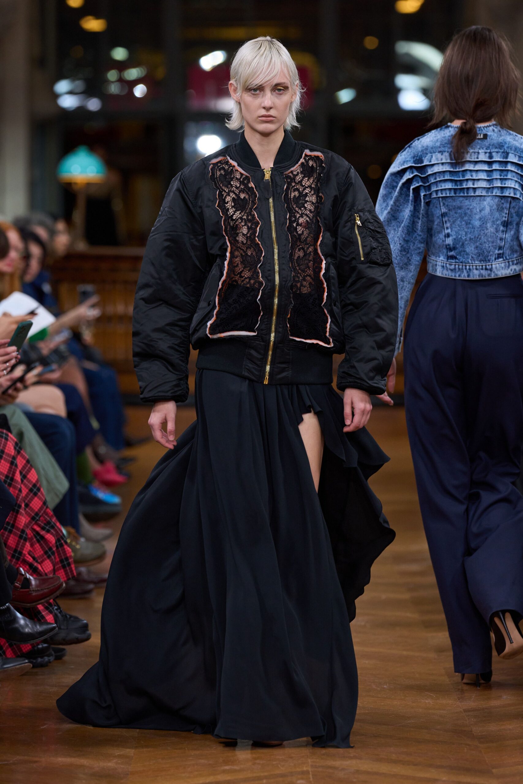 black silk slit fitted high-waisted flowing maxi skirt