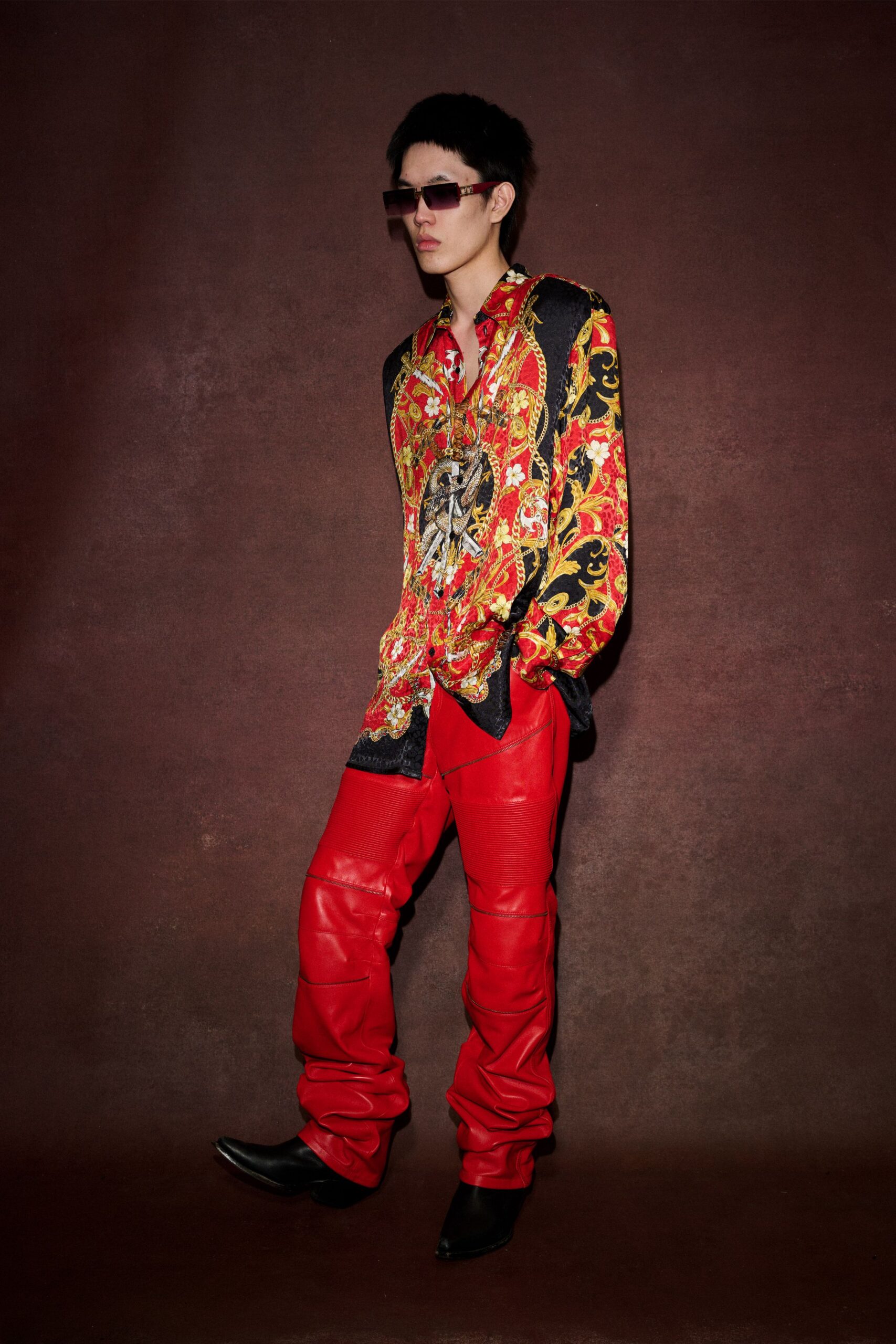 red silk long-sleeve collared relaxed printed shirt