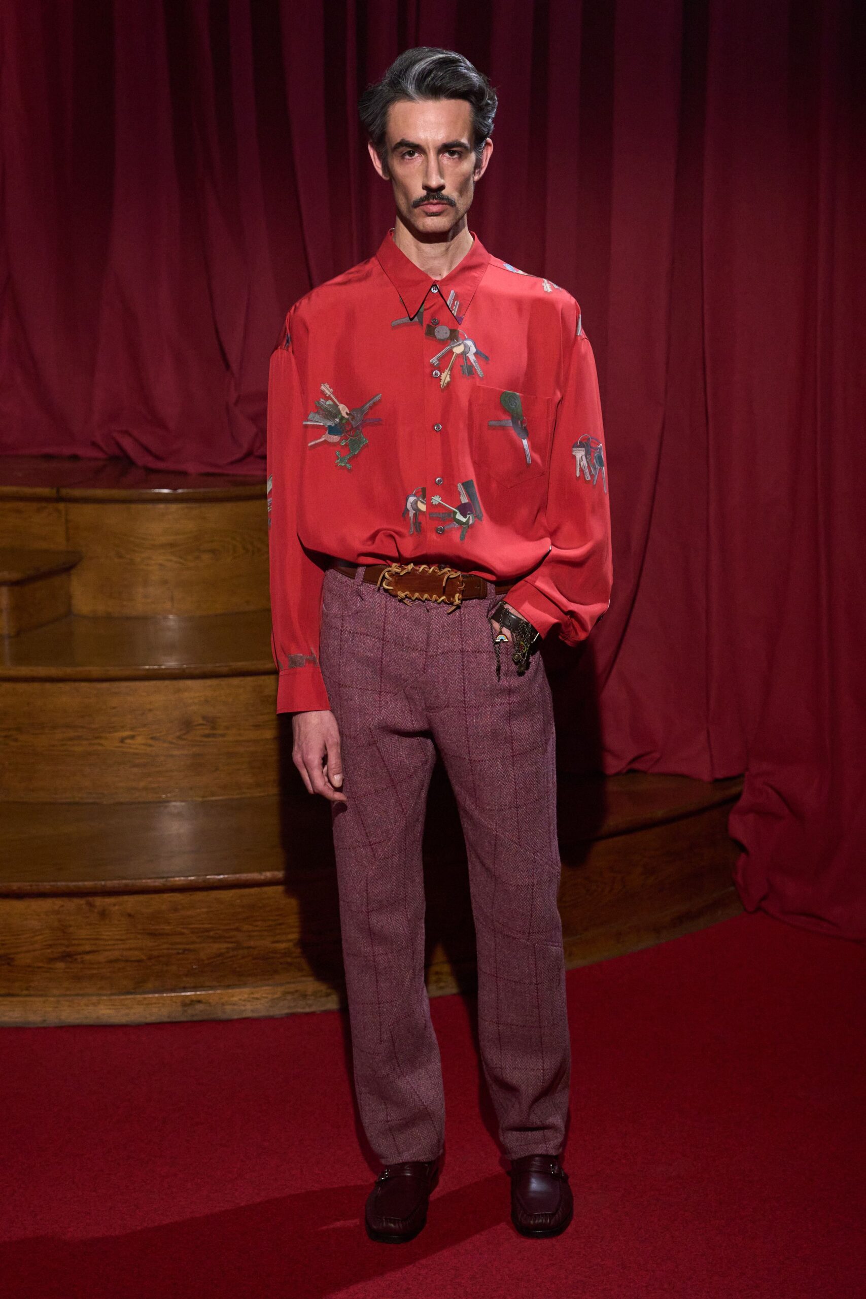 red silk long-sleeve collared relaxed embroidered shirt