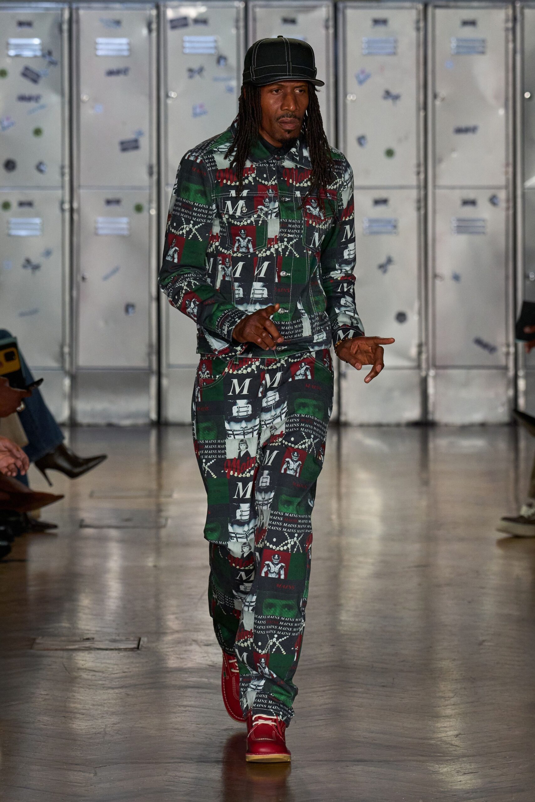 green cotton long-sleeve collared fitted printed jumpsuit