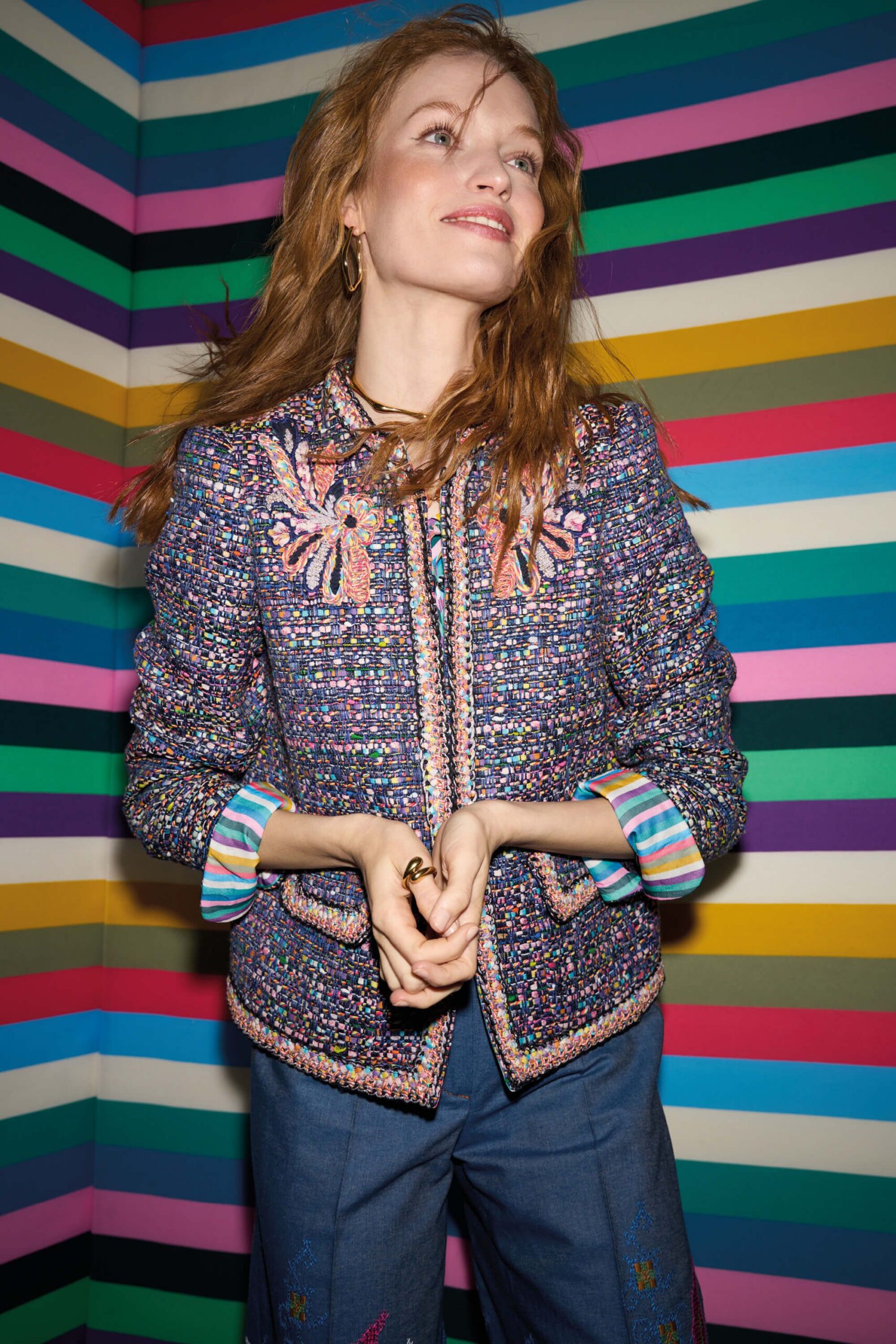 multi tweed long-sleeve collared fitted embroidered buttoned jacket