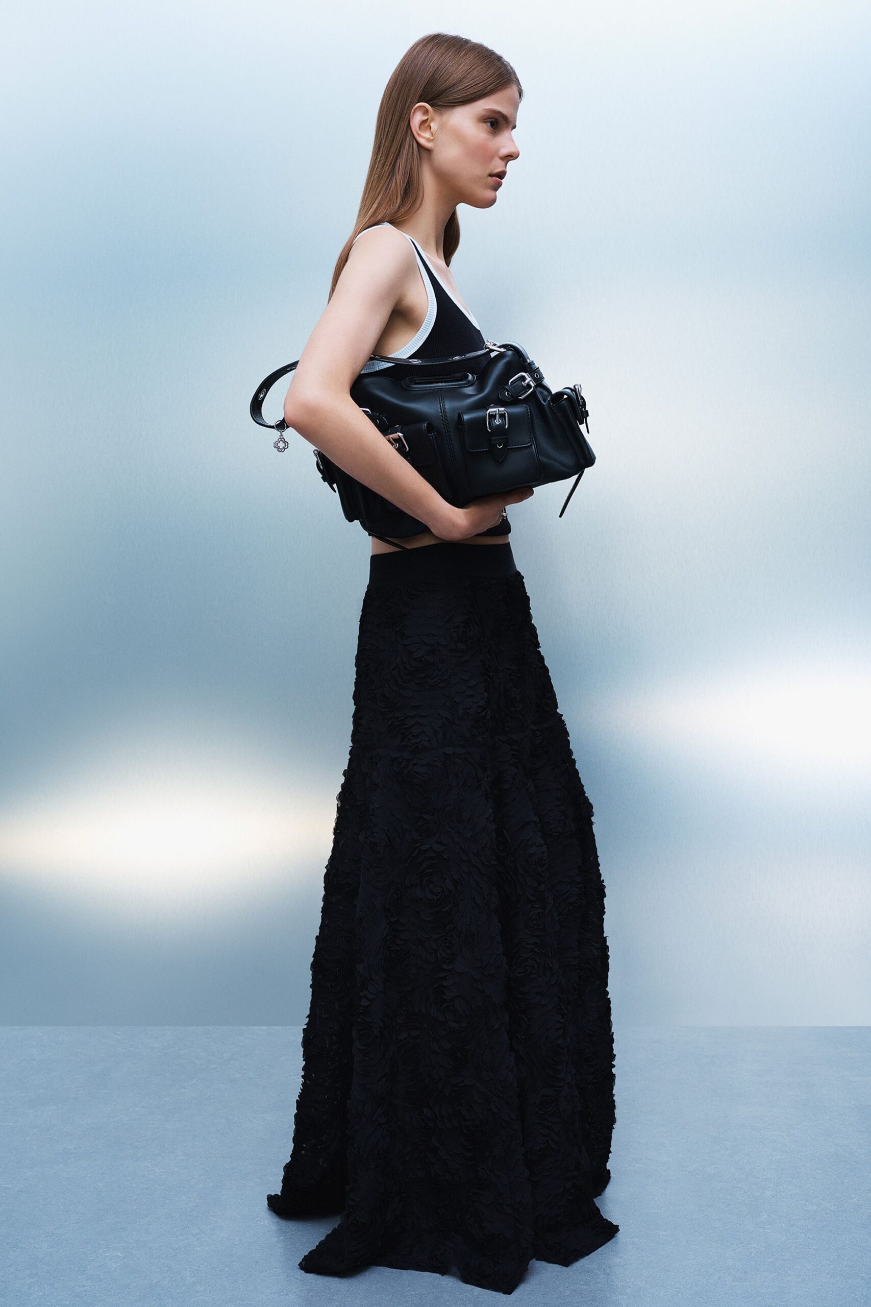 black cotton fitted embroidered maxi skirt