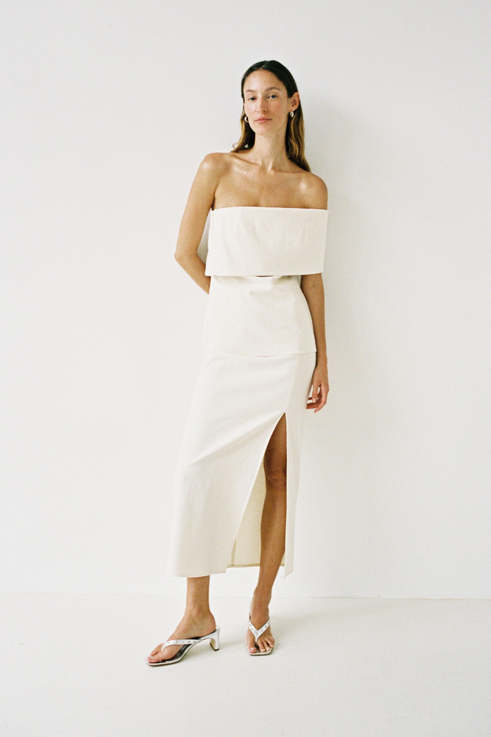 white cotton sleeveless off-shoulder fitted midi dress