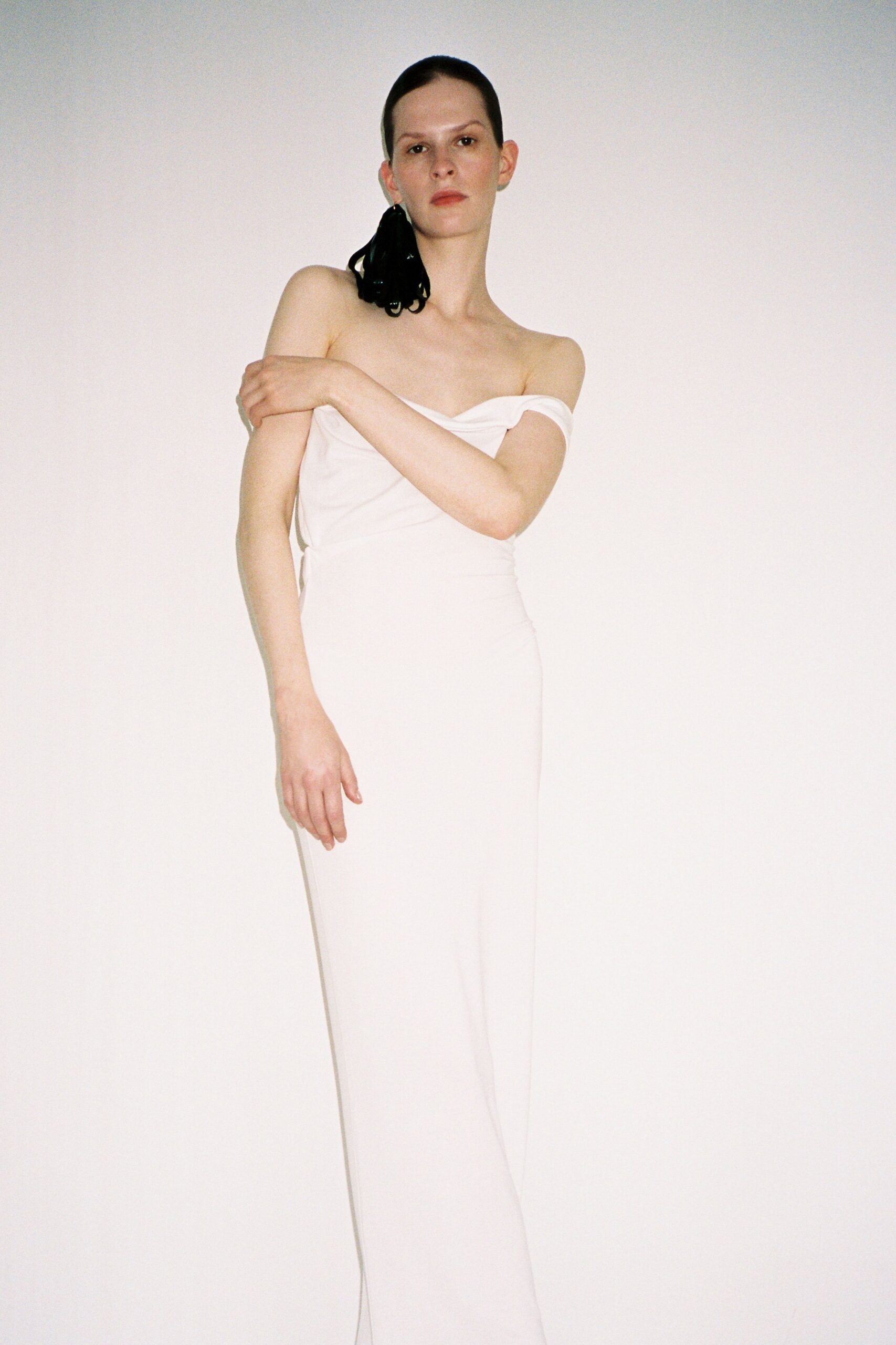 white silk strapless gown