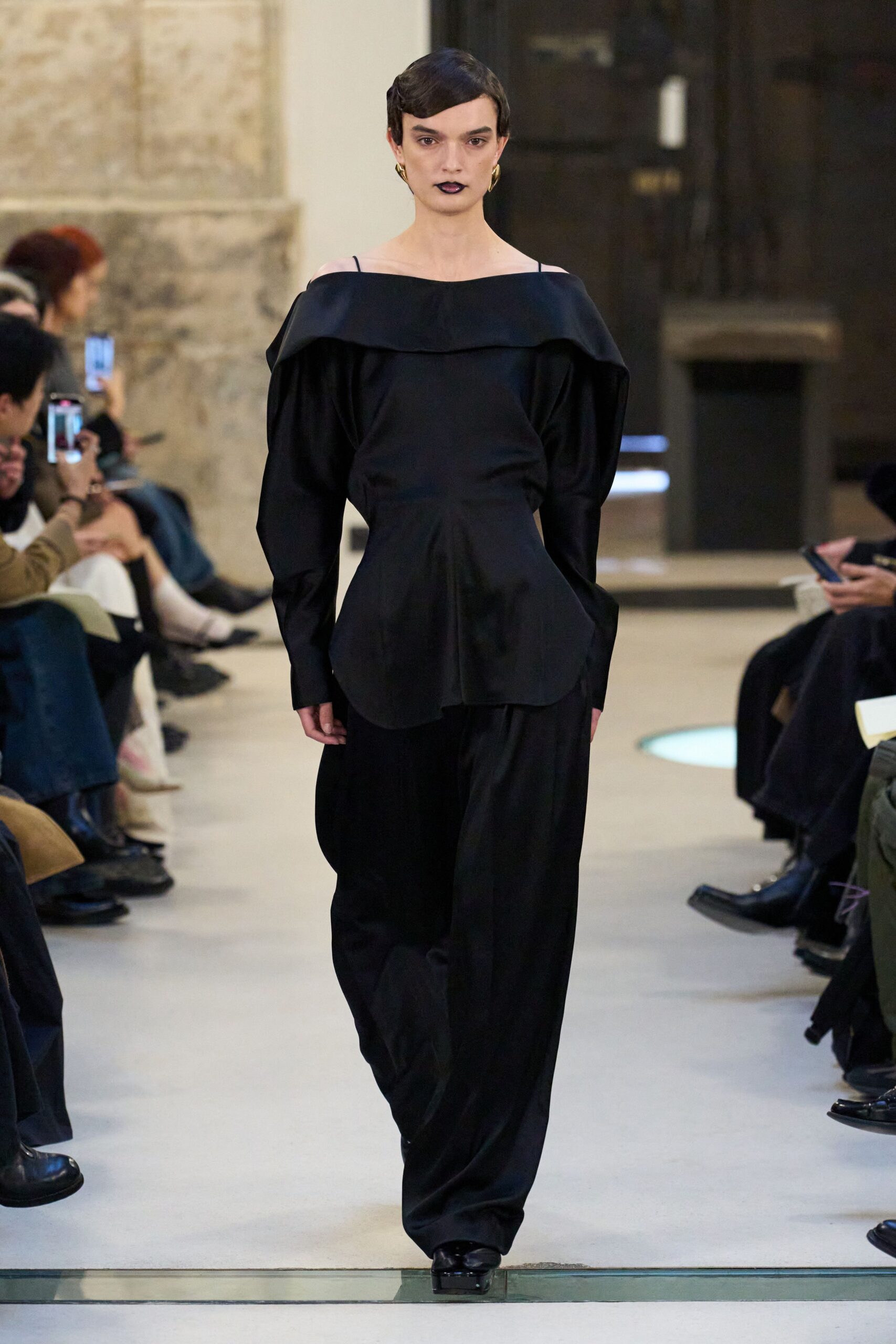 black silk off-shoulder top and pants