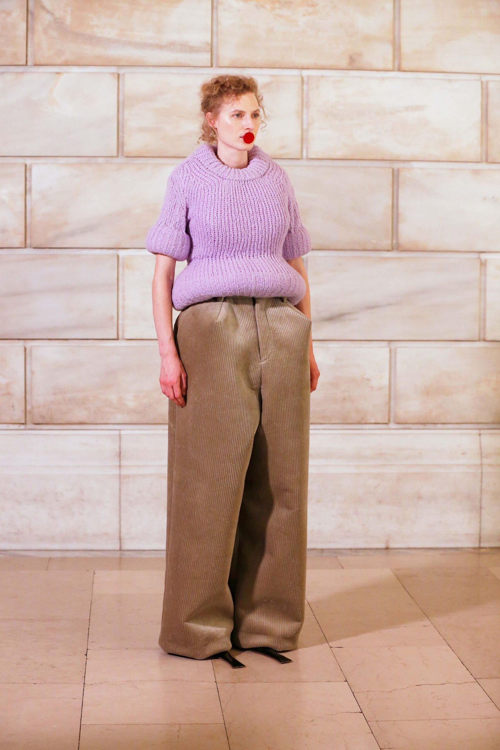purple wool short-sleeve high-neck oversized ribbed sweater