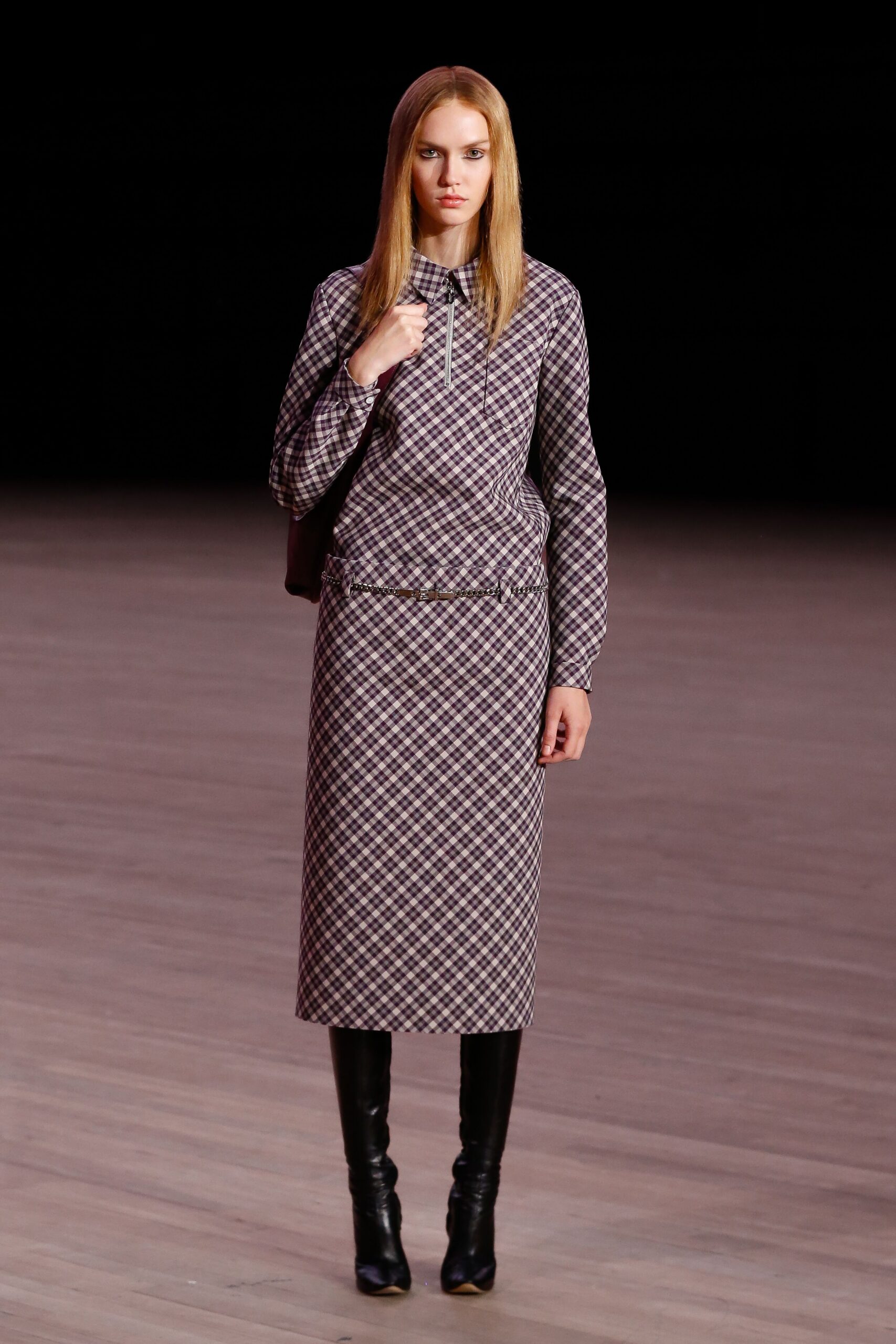 checked midi dress with boots