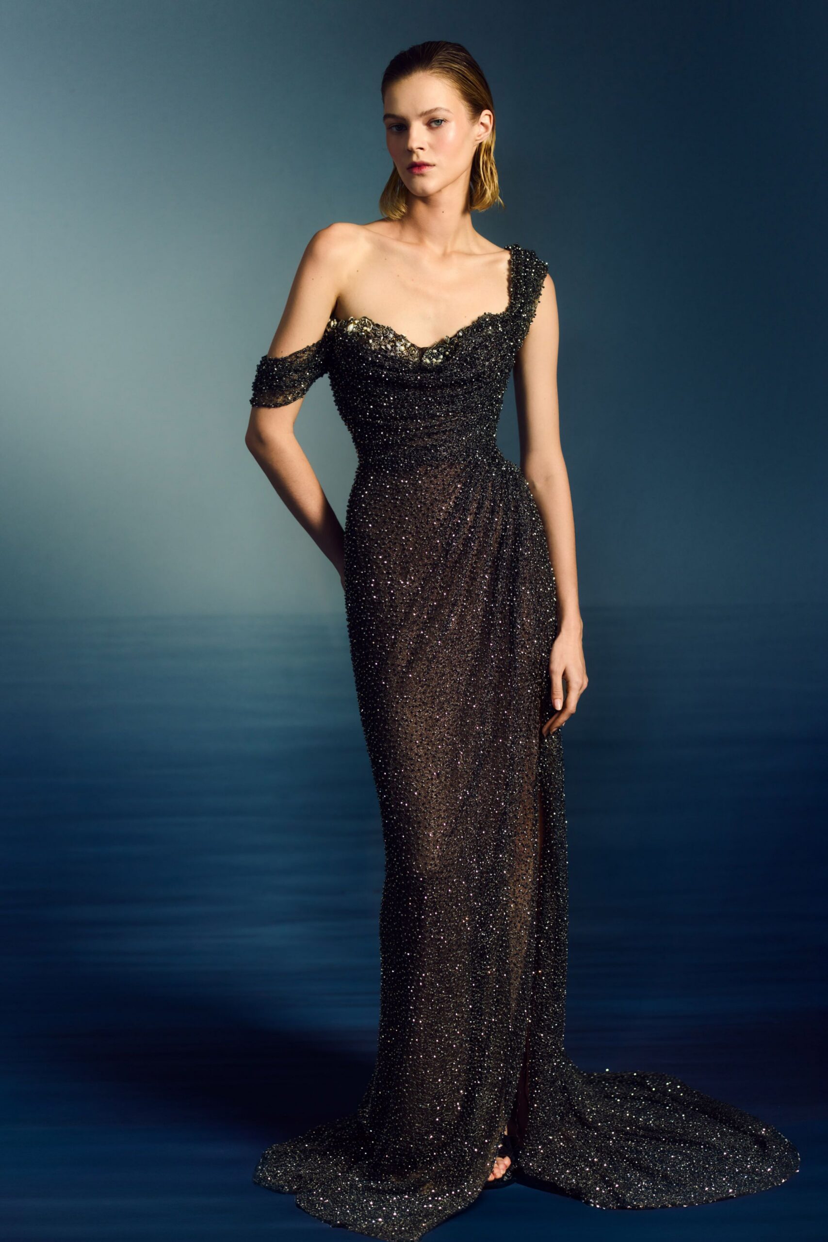 black beaded off-shoulder gown