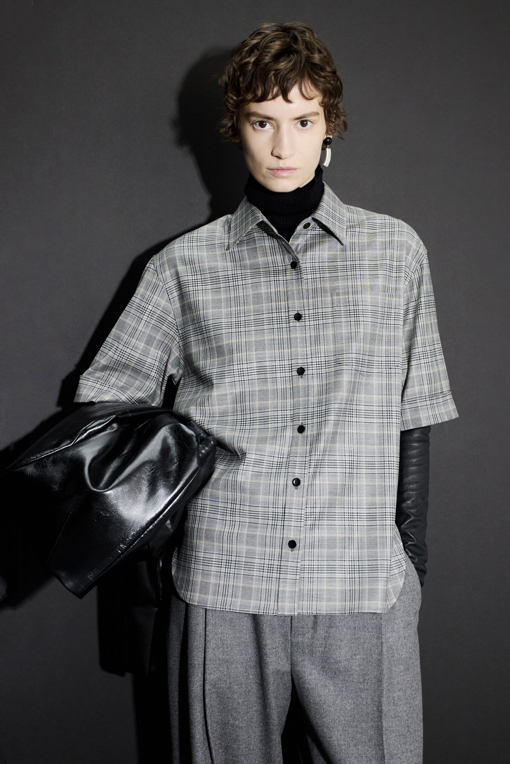 gray checked shirt with tailored pants