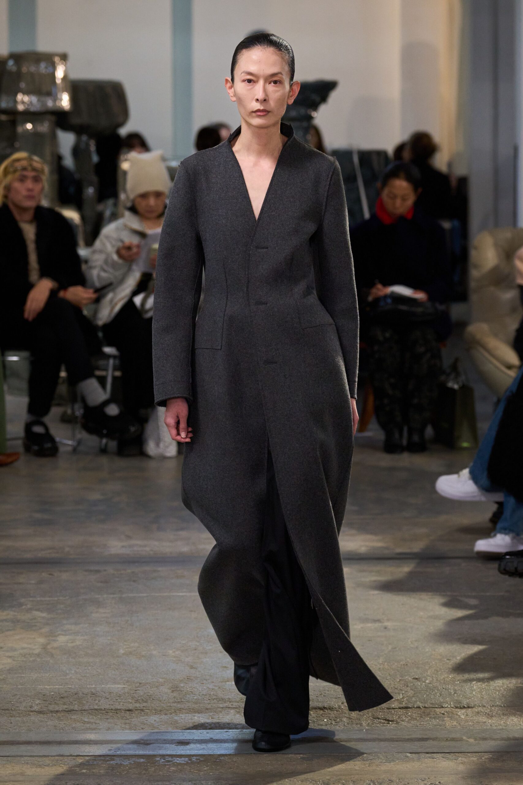 gray wool long-sleeve v-neck fitted straight-leg maxi coat