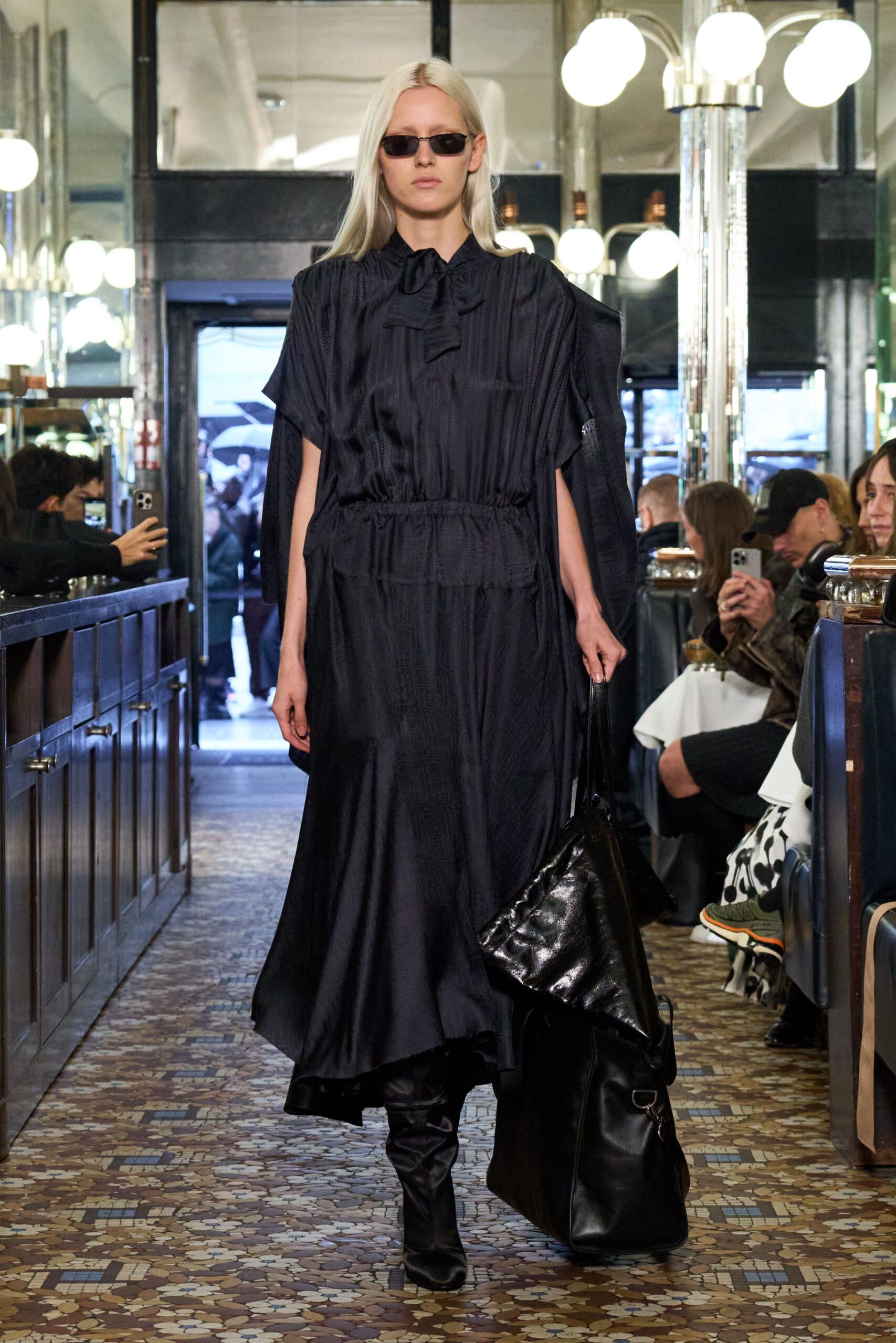 black silk short-sleeve collared relaxed pleated draped dress