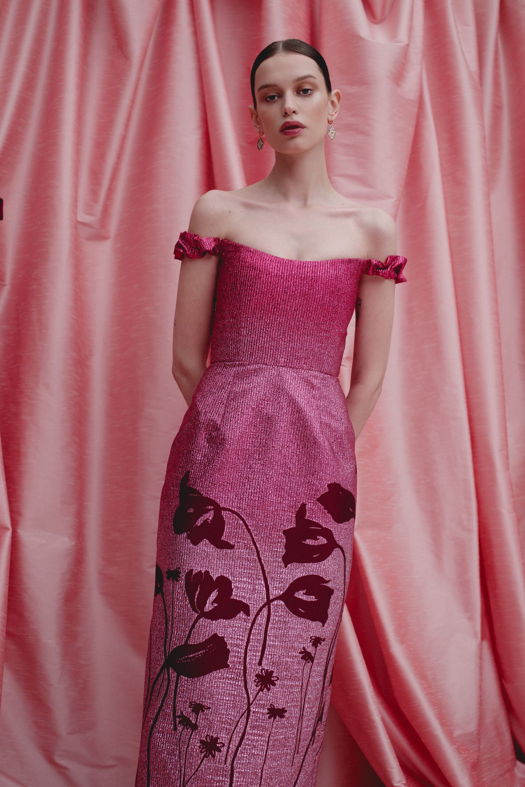 pink silk off-shoulder gown