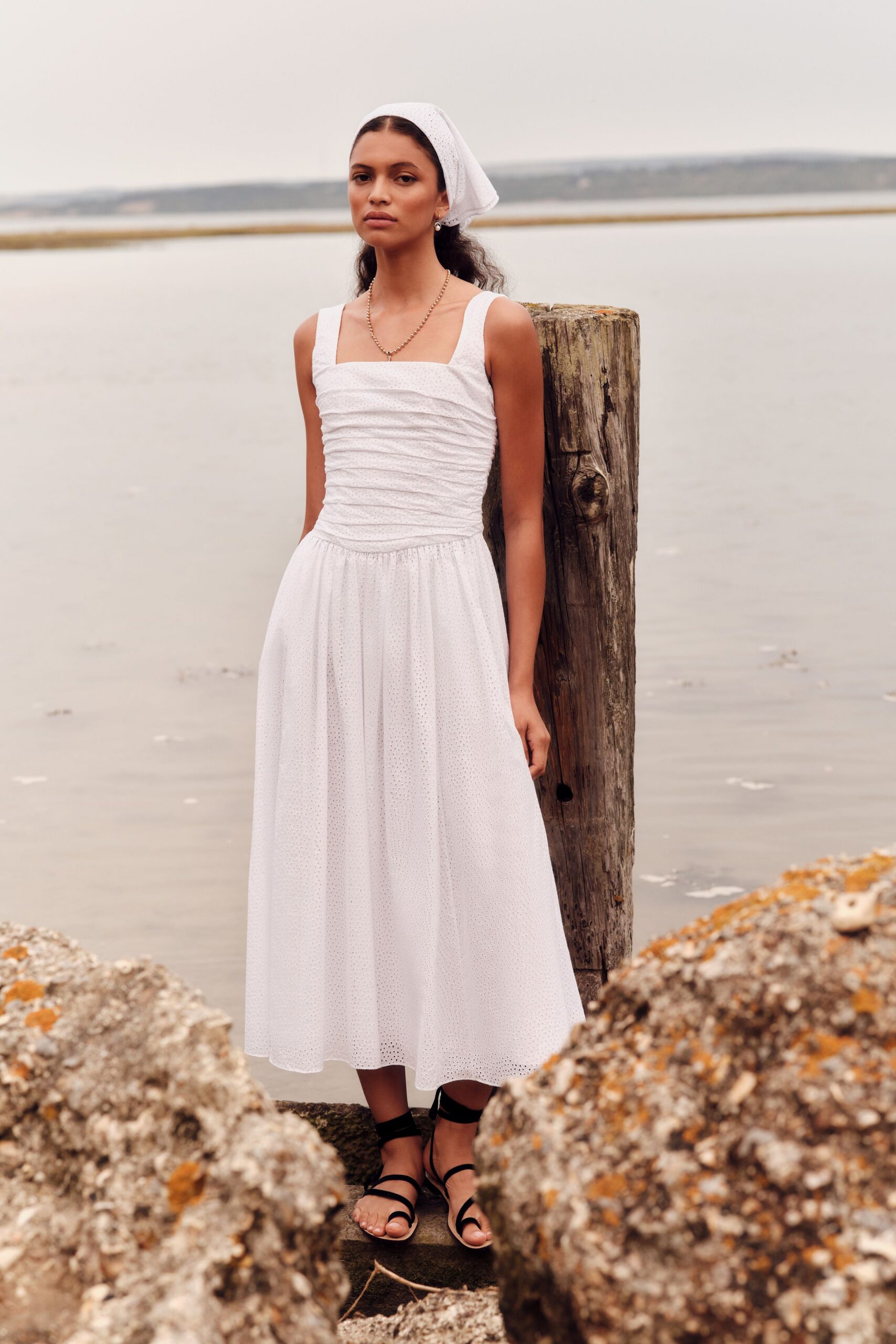 white midi dress with black shoes