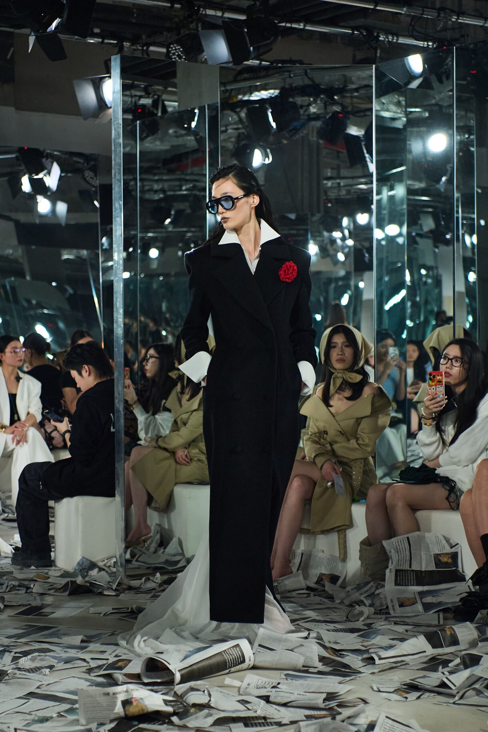 black wool coat with white blouse
