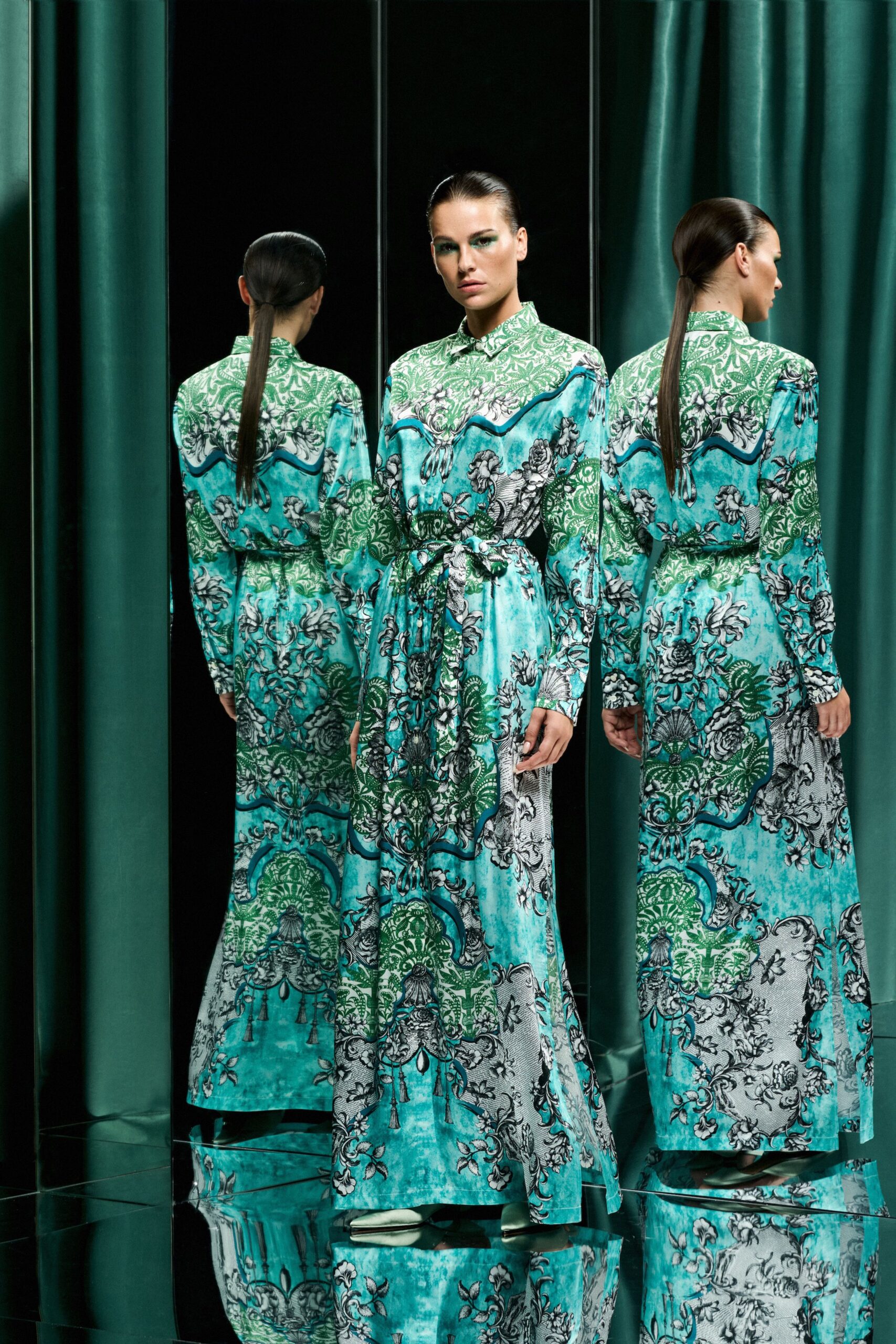 blue green printed maxi gown