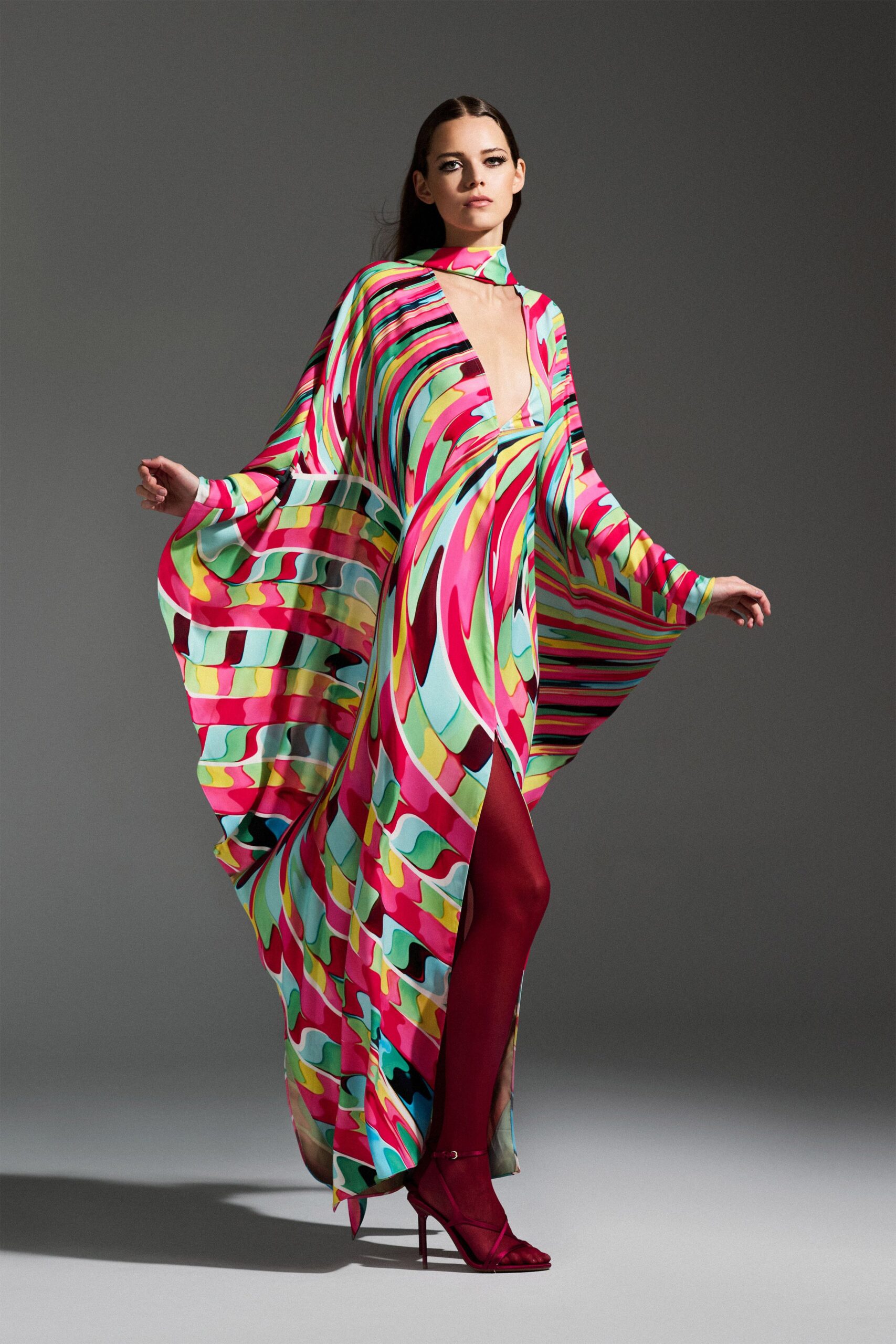 pink silk long-sleeve v-neck fitted layered printed gown