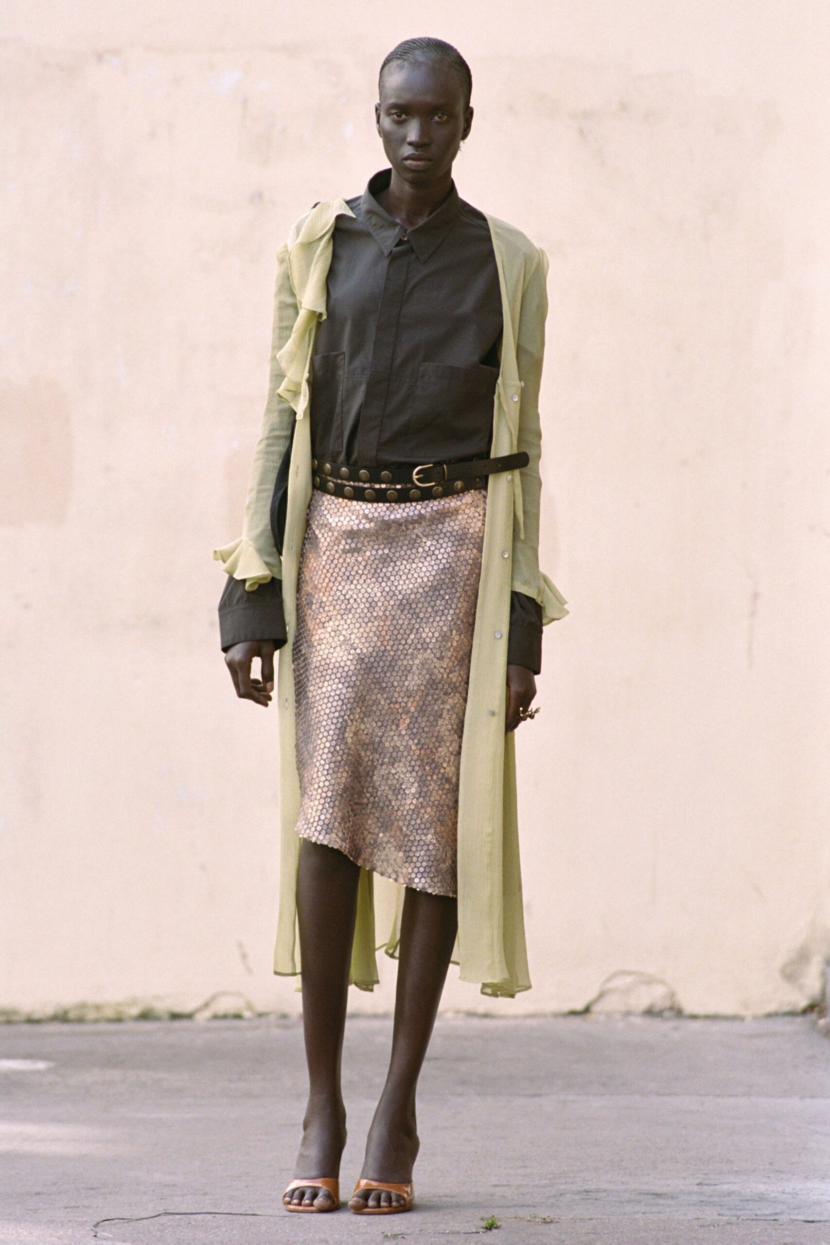 green chiffon long-sleeve relaxed layered flowing coat