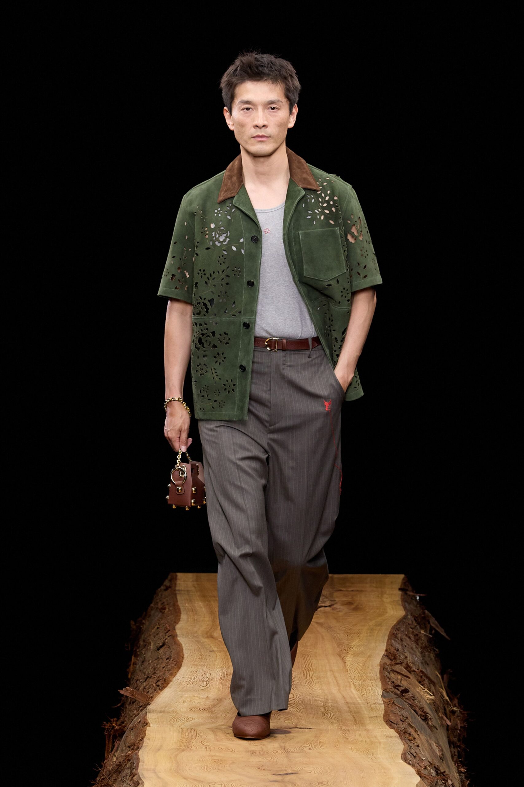 green suede short-sleeve relaxed embroidered shirt