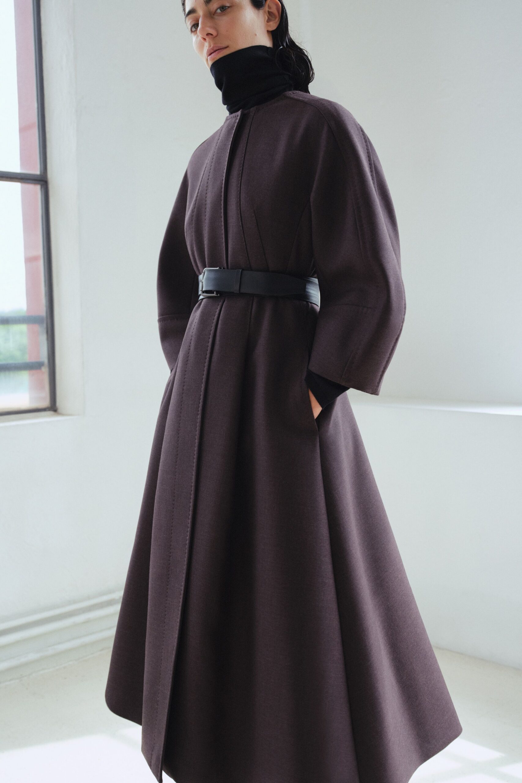 brown wool belted midi dress