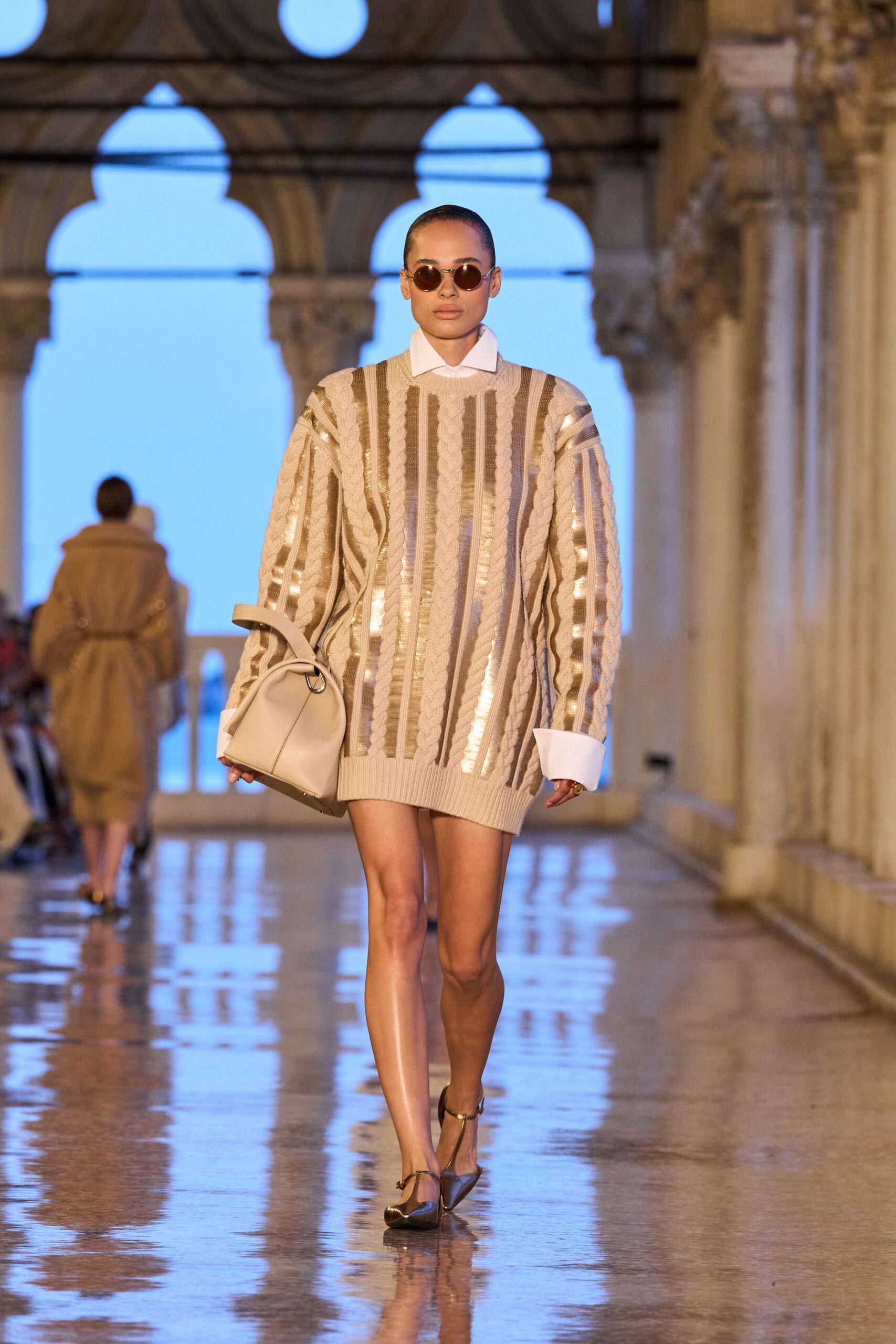 beige knit sweater with shorts