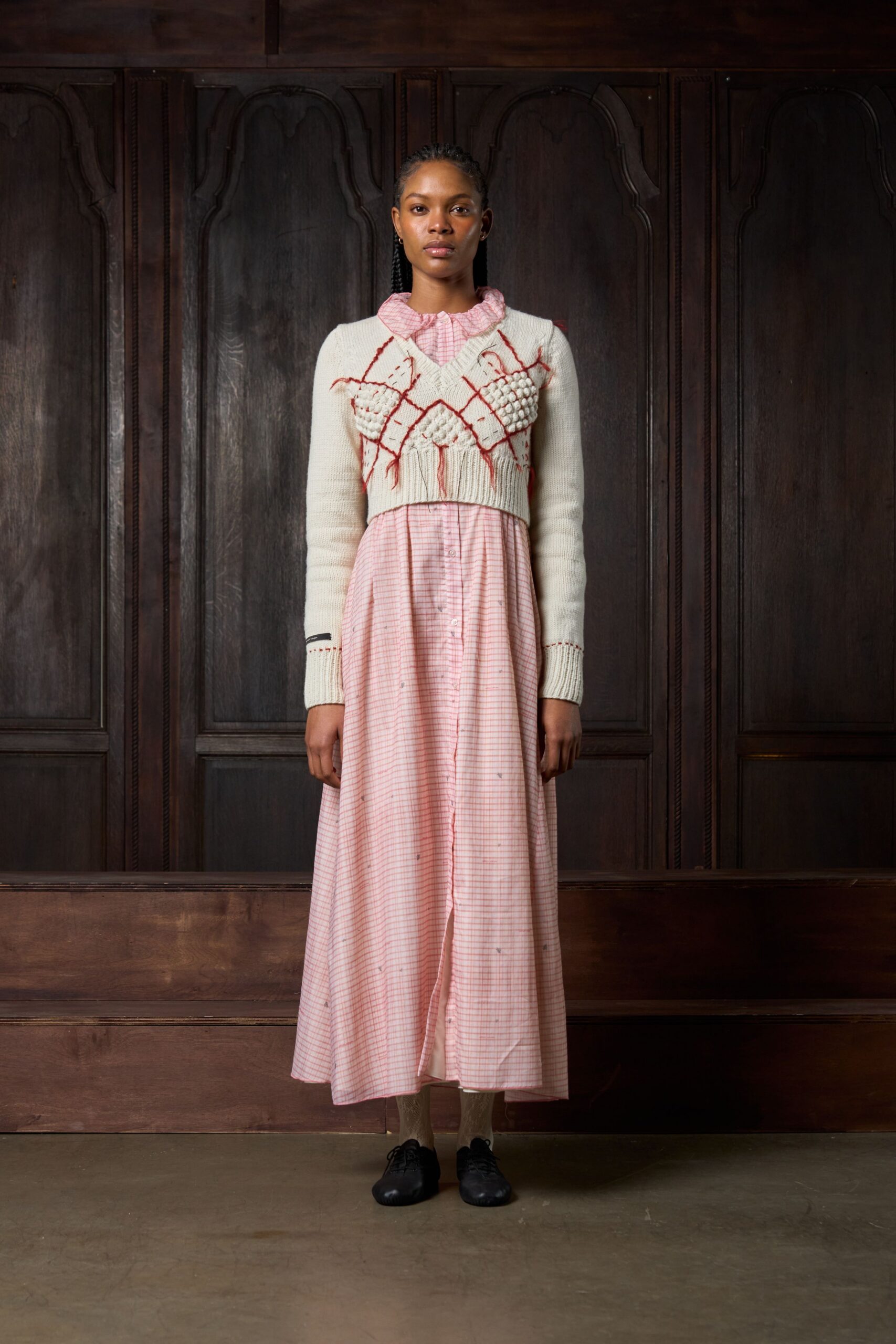 pink cotton long-sleeve collared fitted buttoned pleated dress