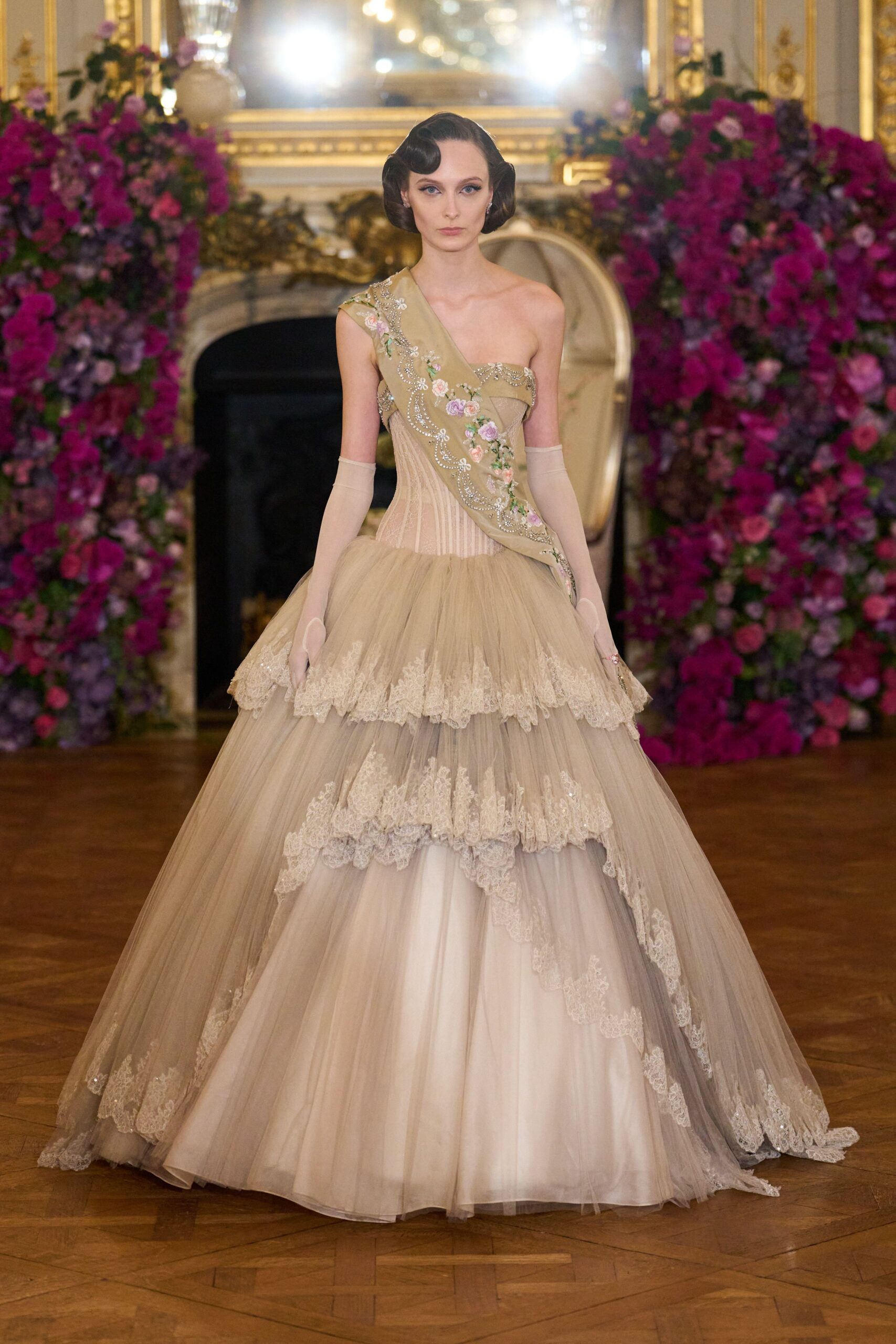 beige pink tiered gown
