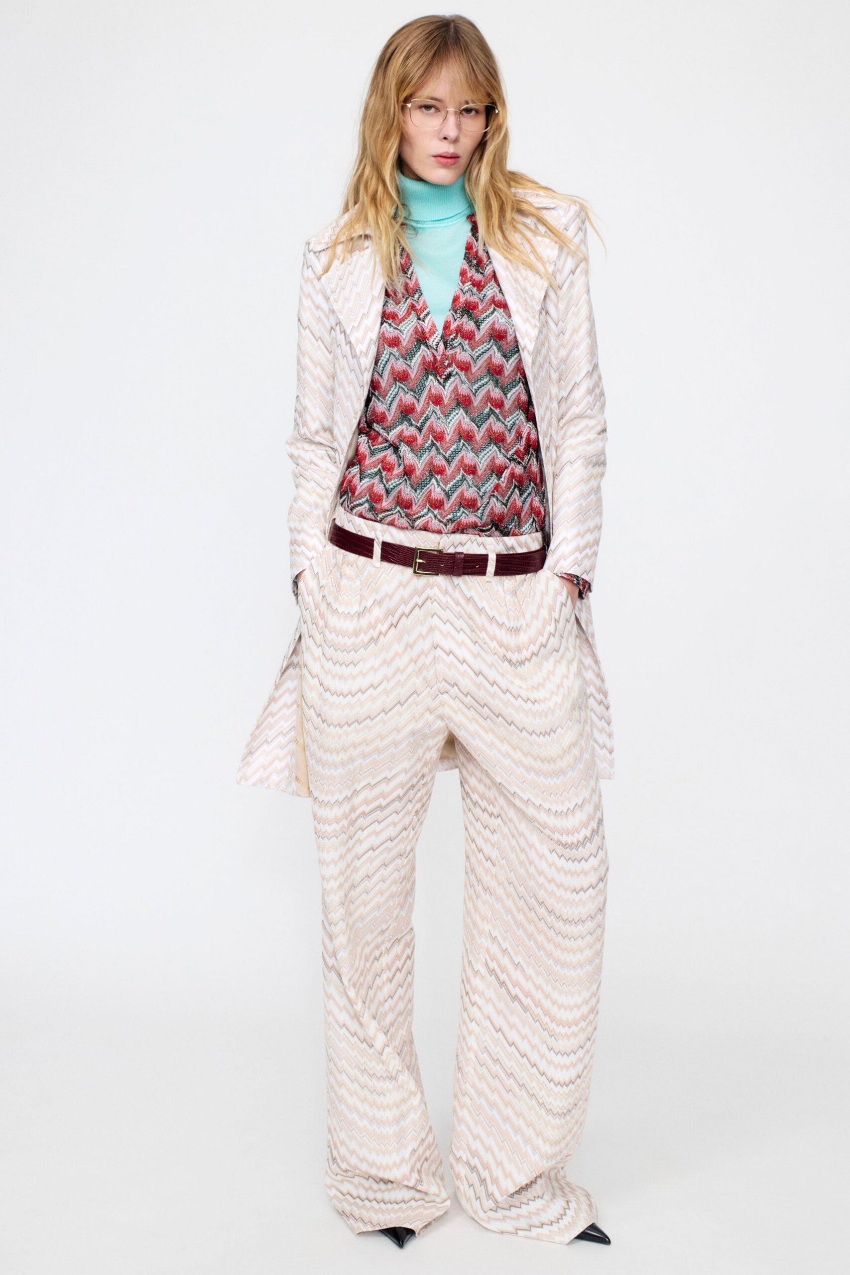 zigzag patterned coat and pants