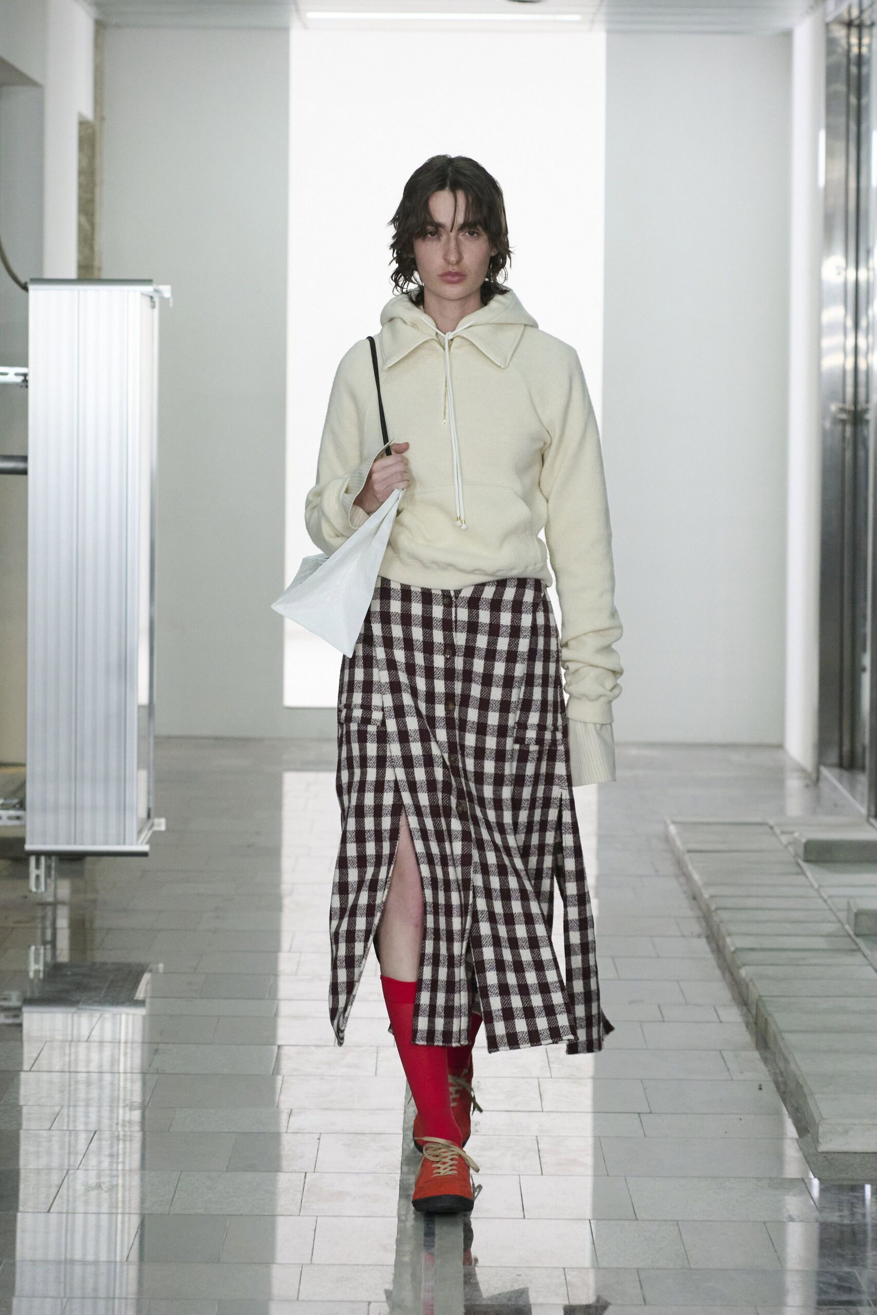 white hoodie brown checked skirt