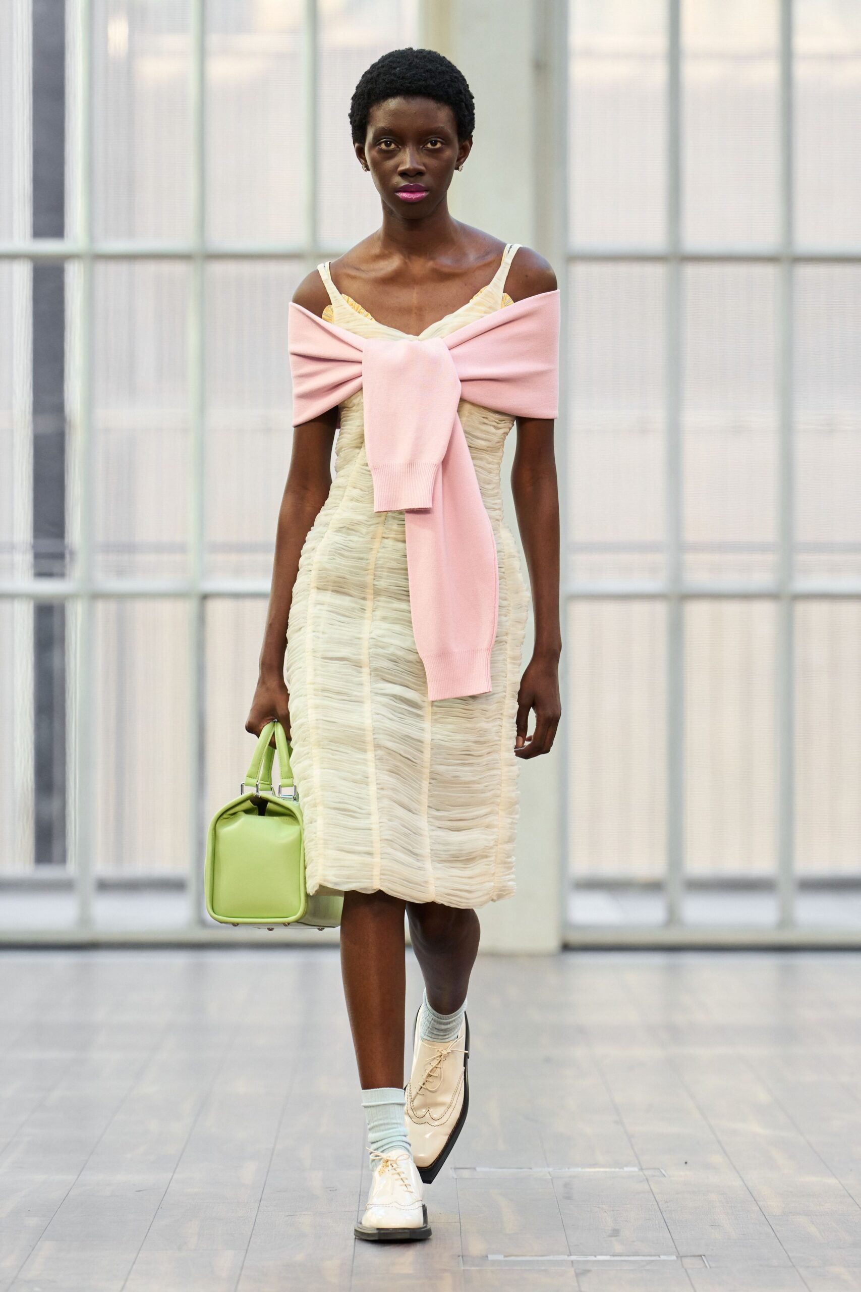 beige silk sleeveless off-shoulder fitted ruched midi dress