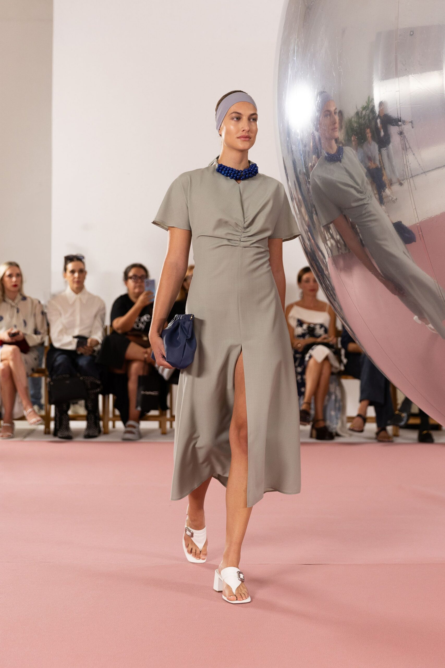 gray ruched midi dress
