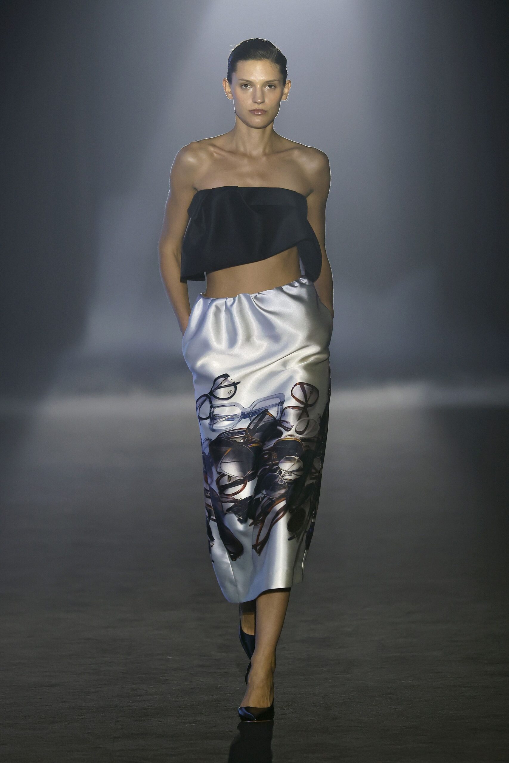 gray satin fitted printed midi skirt