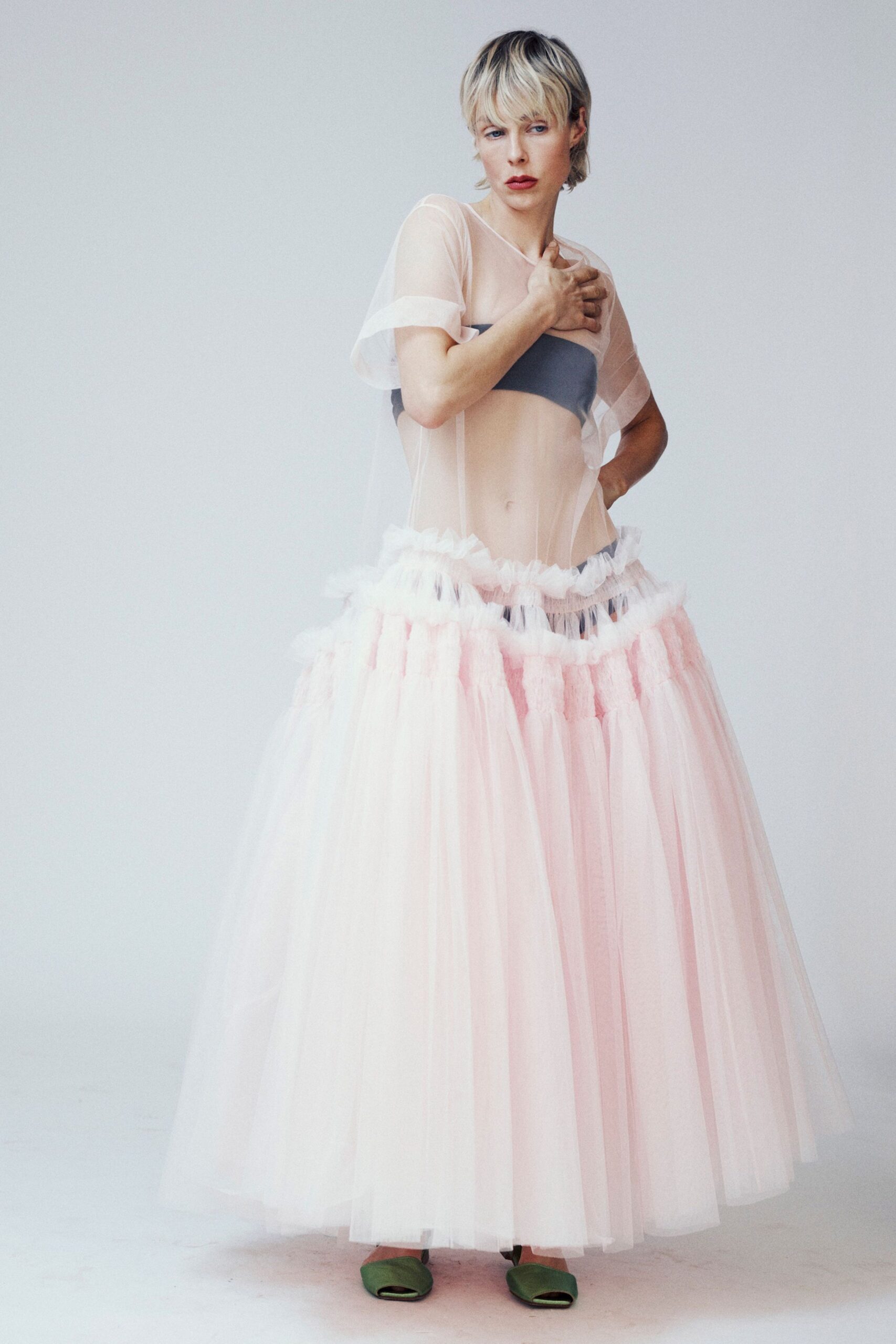 pink tulle sleeveless v-neck fitted pleated layered dress