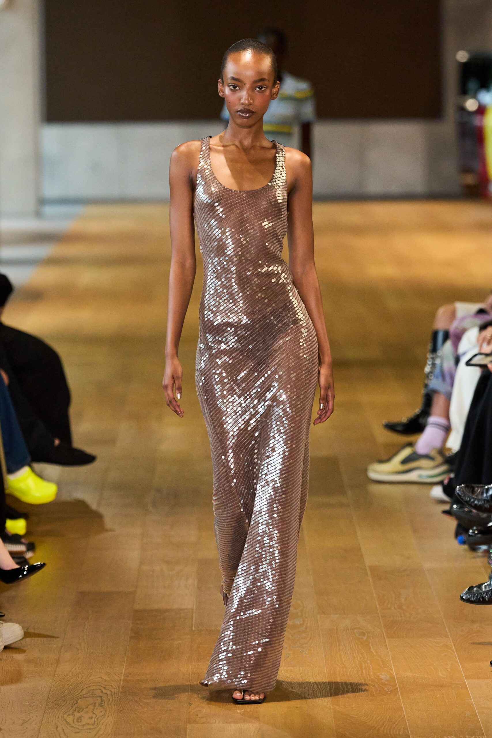 brown sequin sleeveless gown