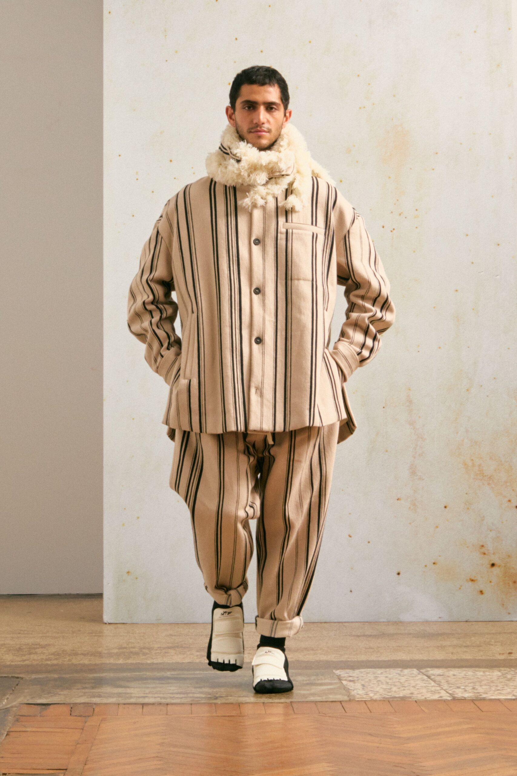 beige striped jacket and pants