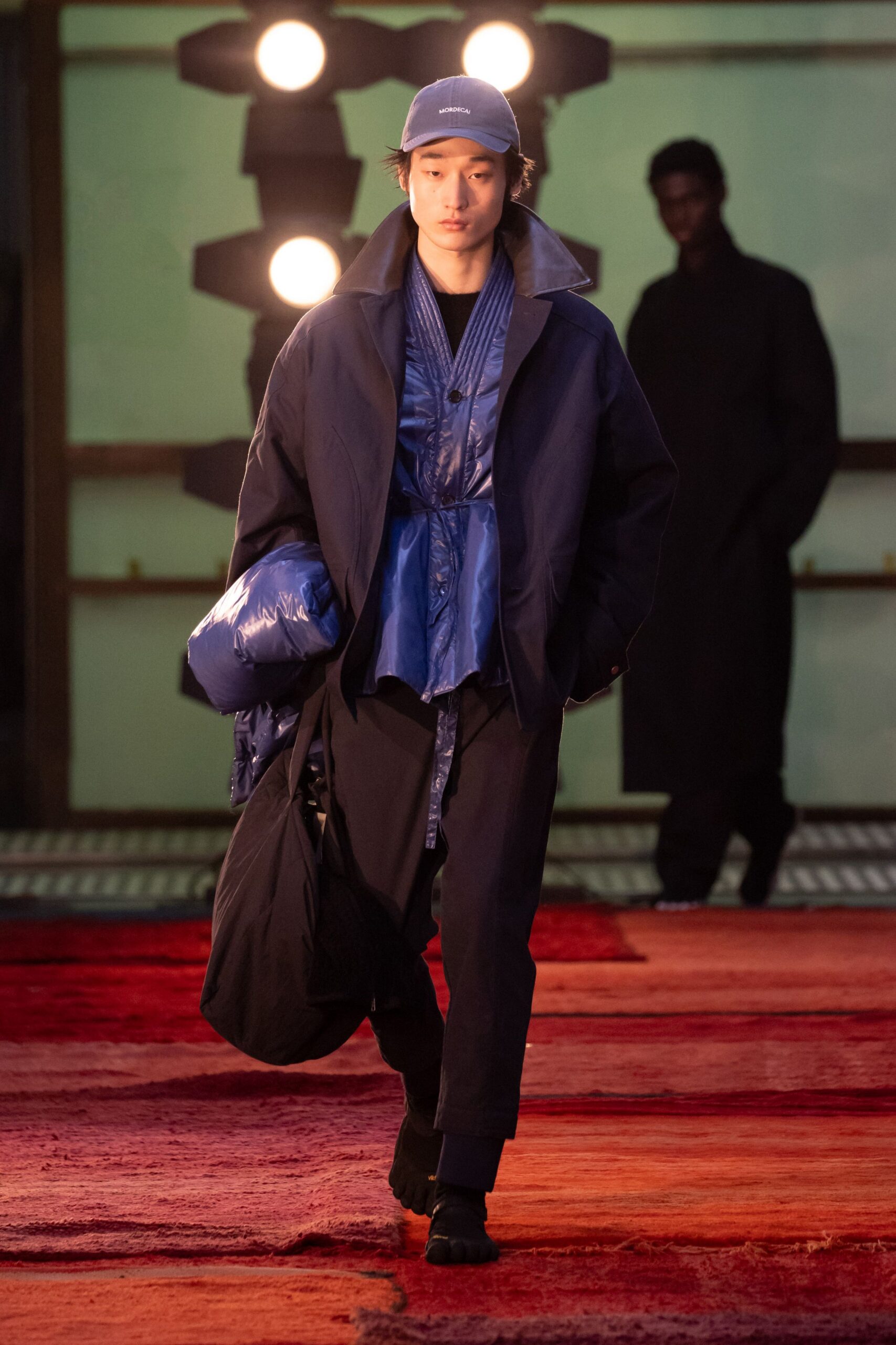 blue jersey long-sleeve collared relaxed zippered jacket