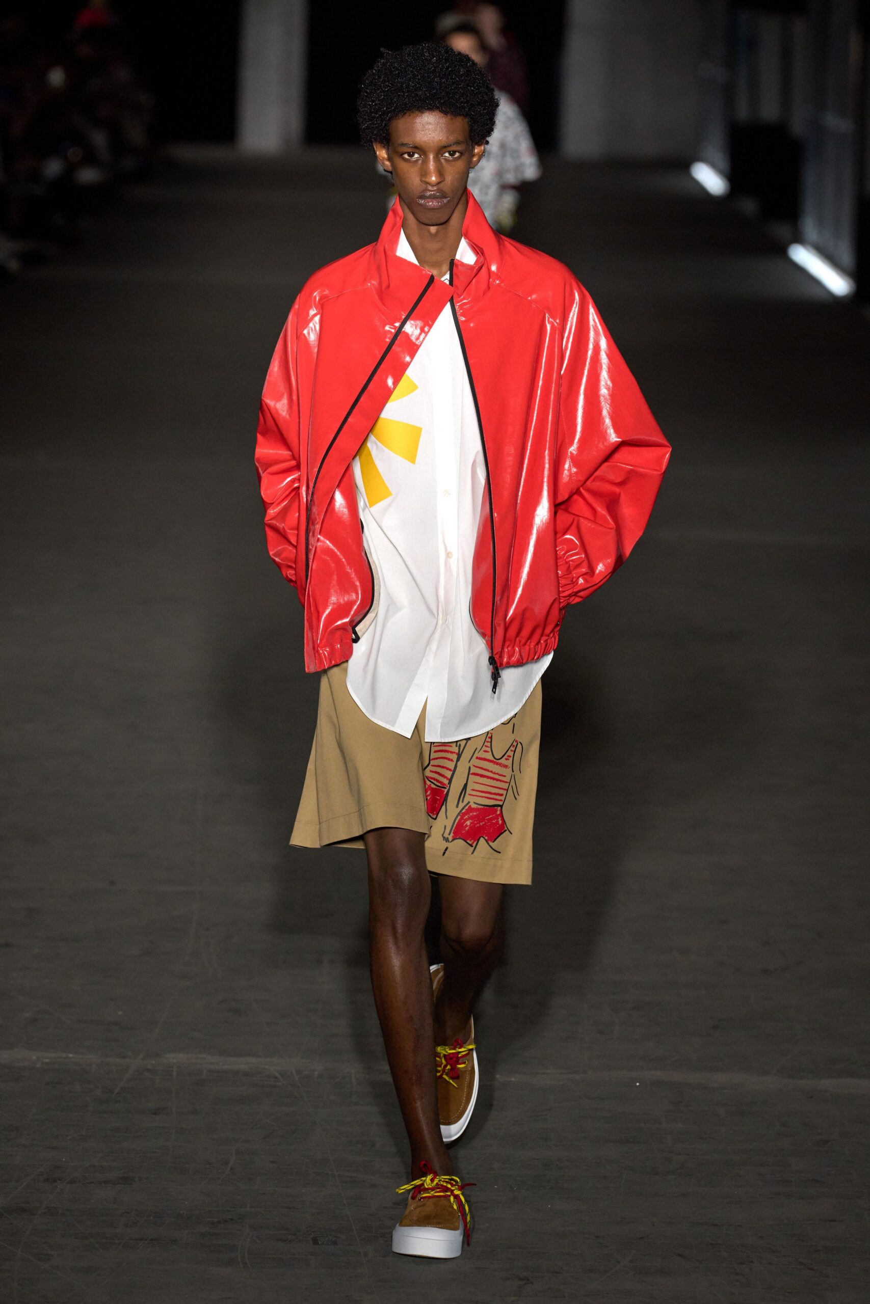 red vinyl long-sleeve collared relaxed zippered shiny jacket