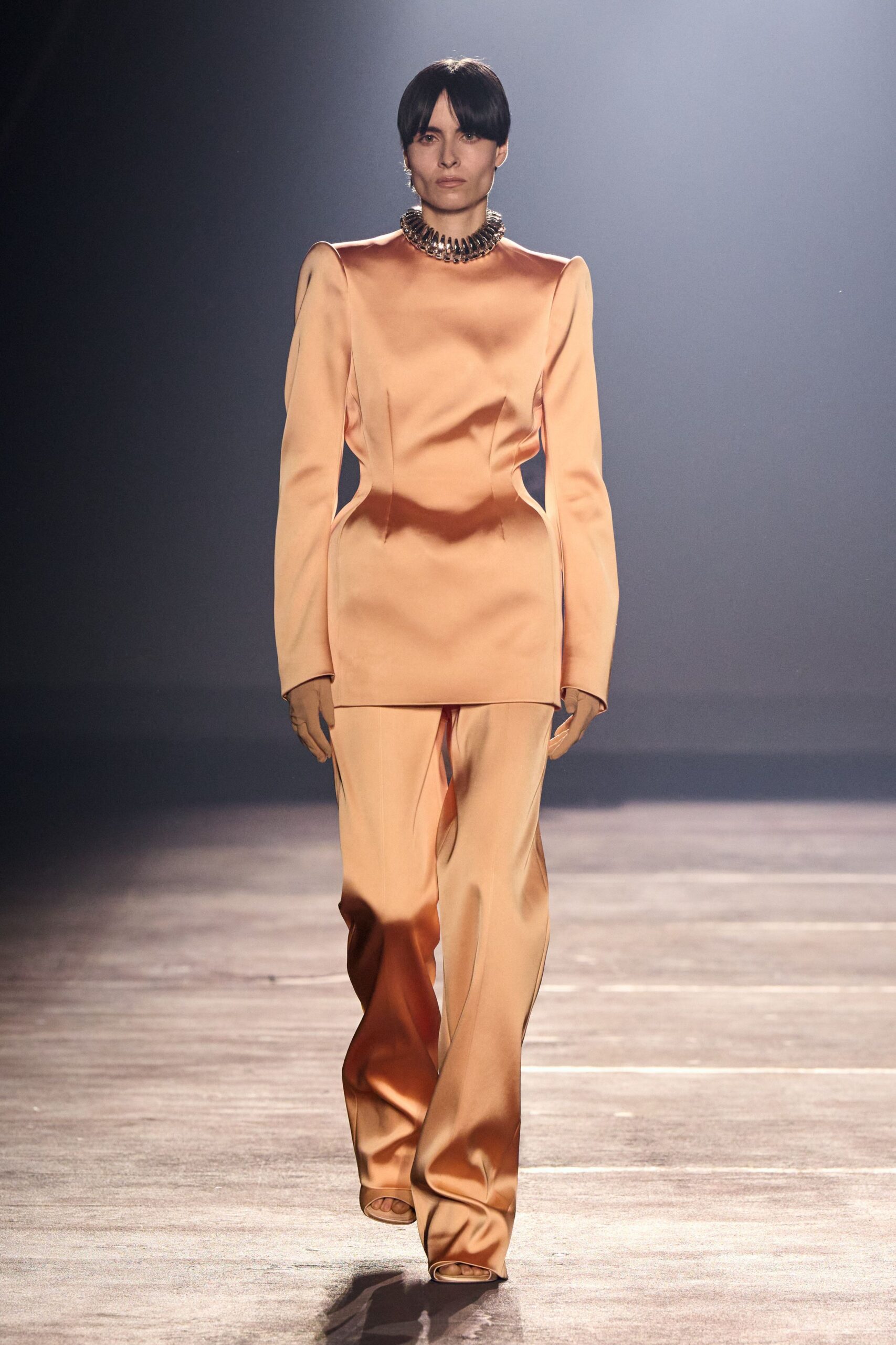 coral satin long-sleeve collared fitted zippered shiny suit