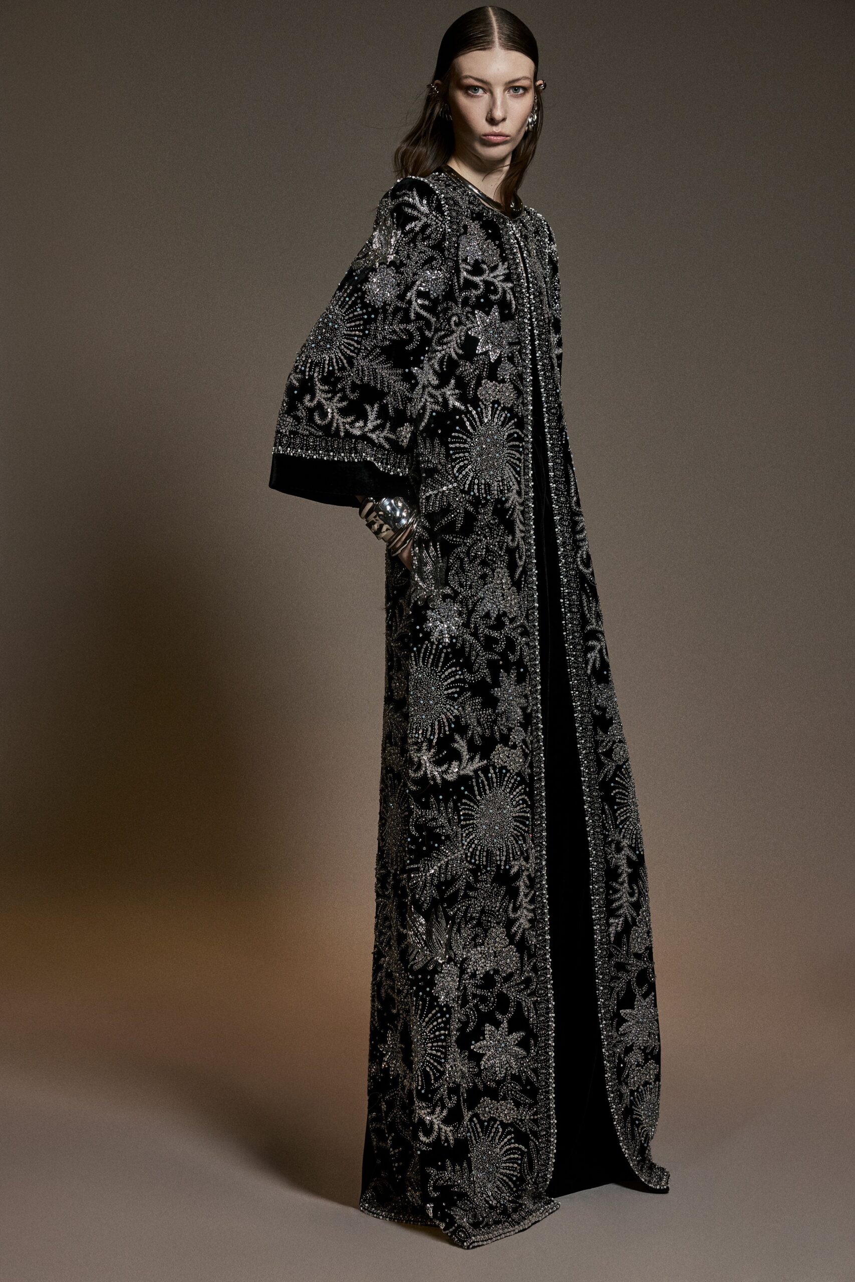 black embroidered silk gown