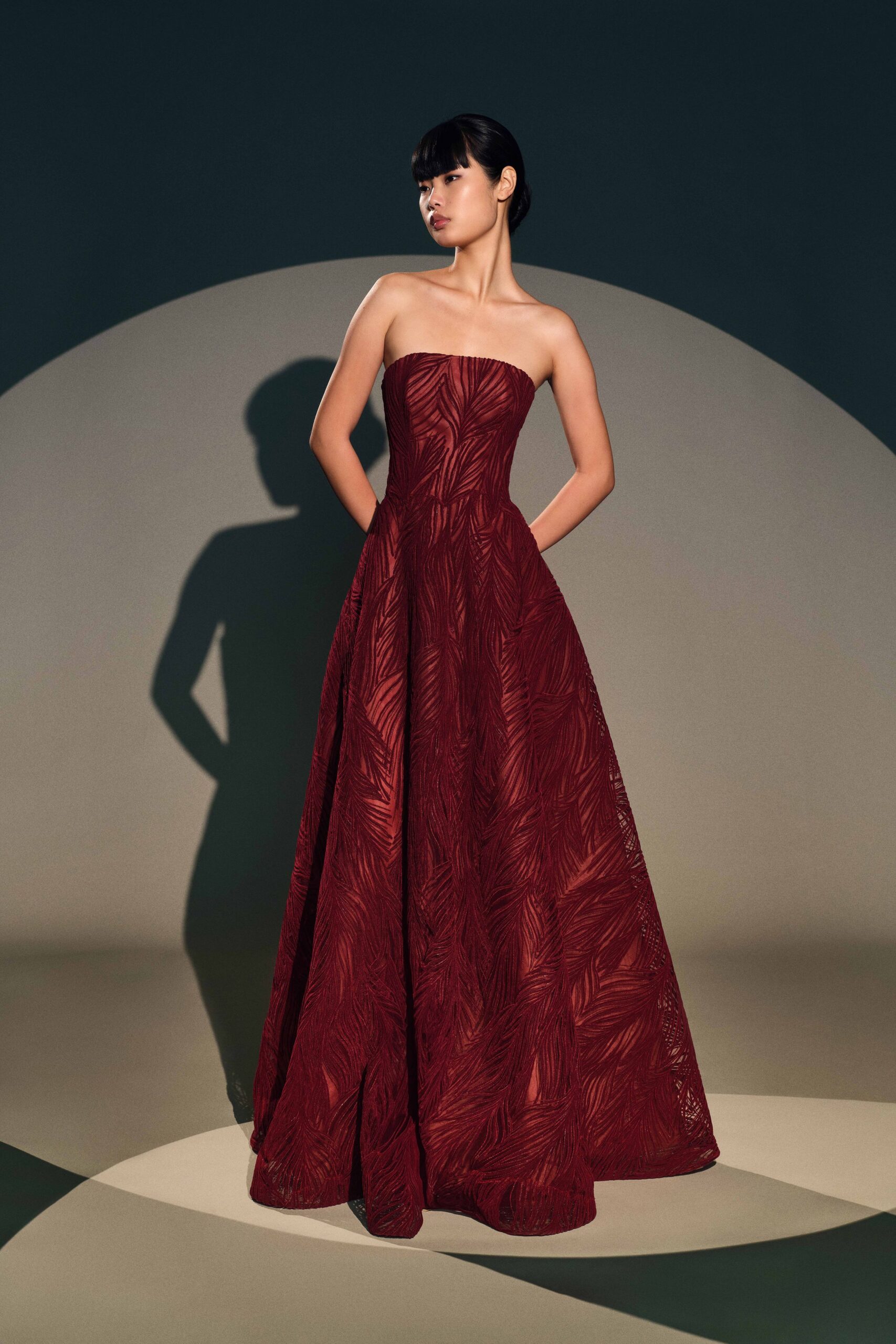 red lace strapless gown