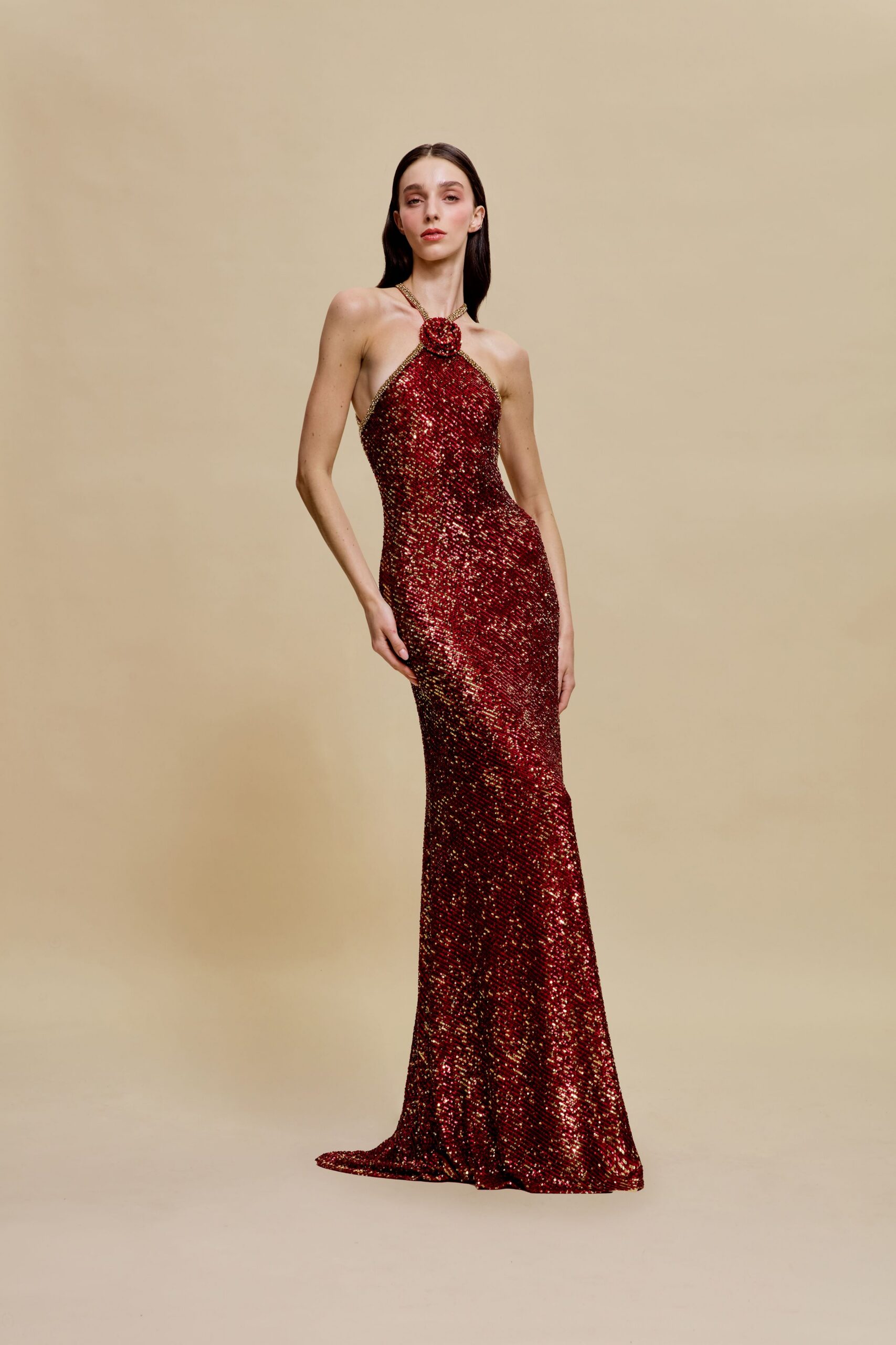 fitted red sequin gown