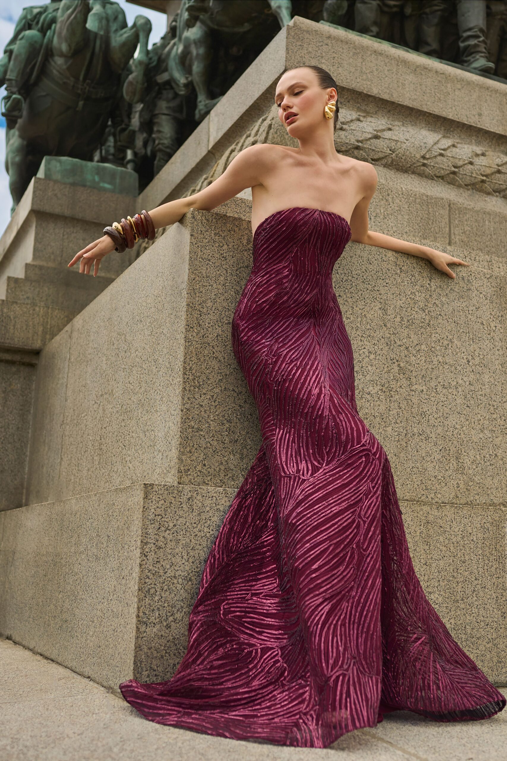 maroon strapless ruched gown