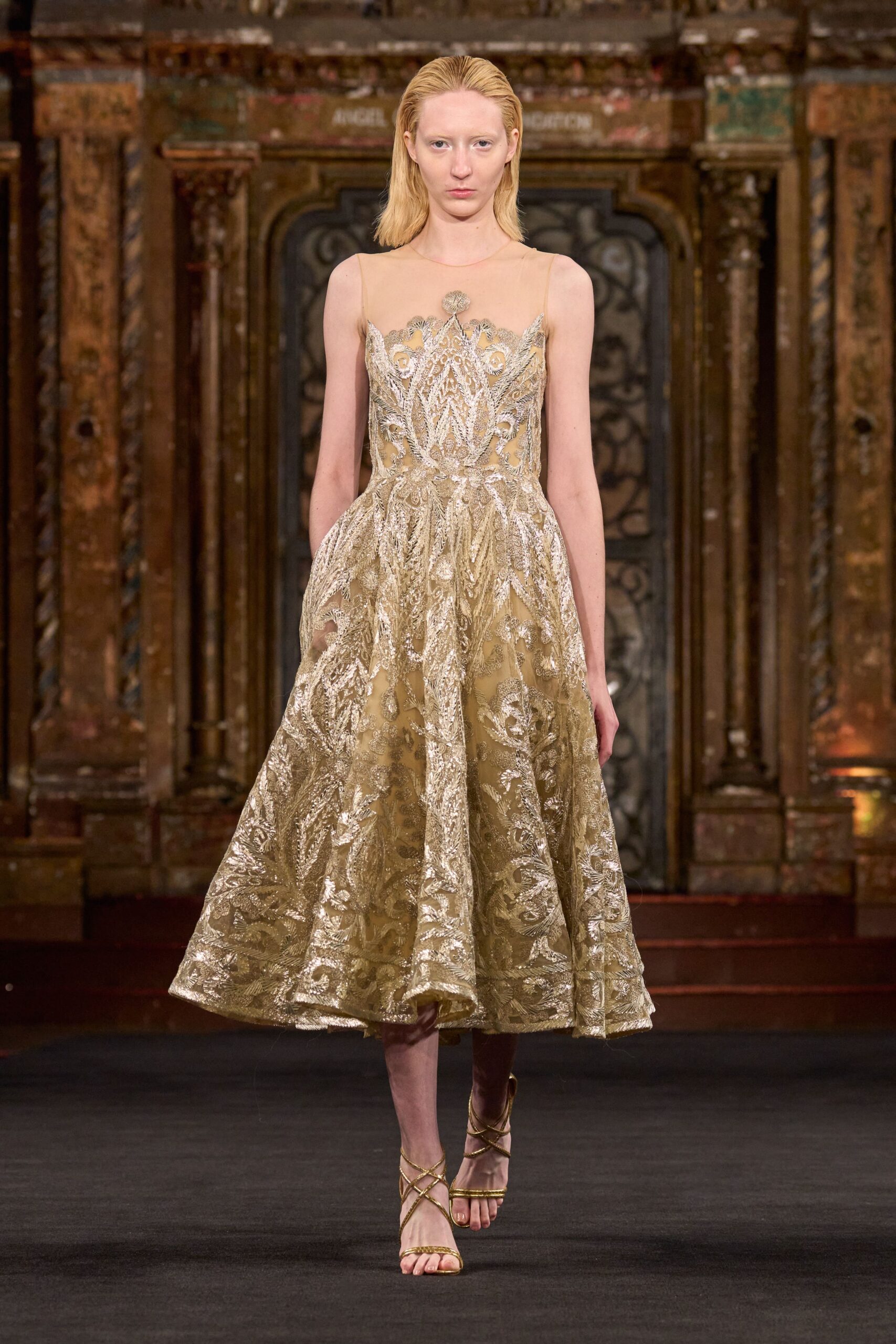 gold embroidered midi dress